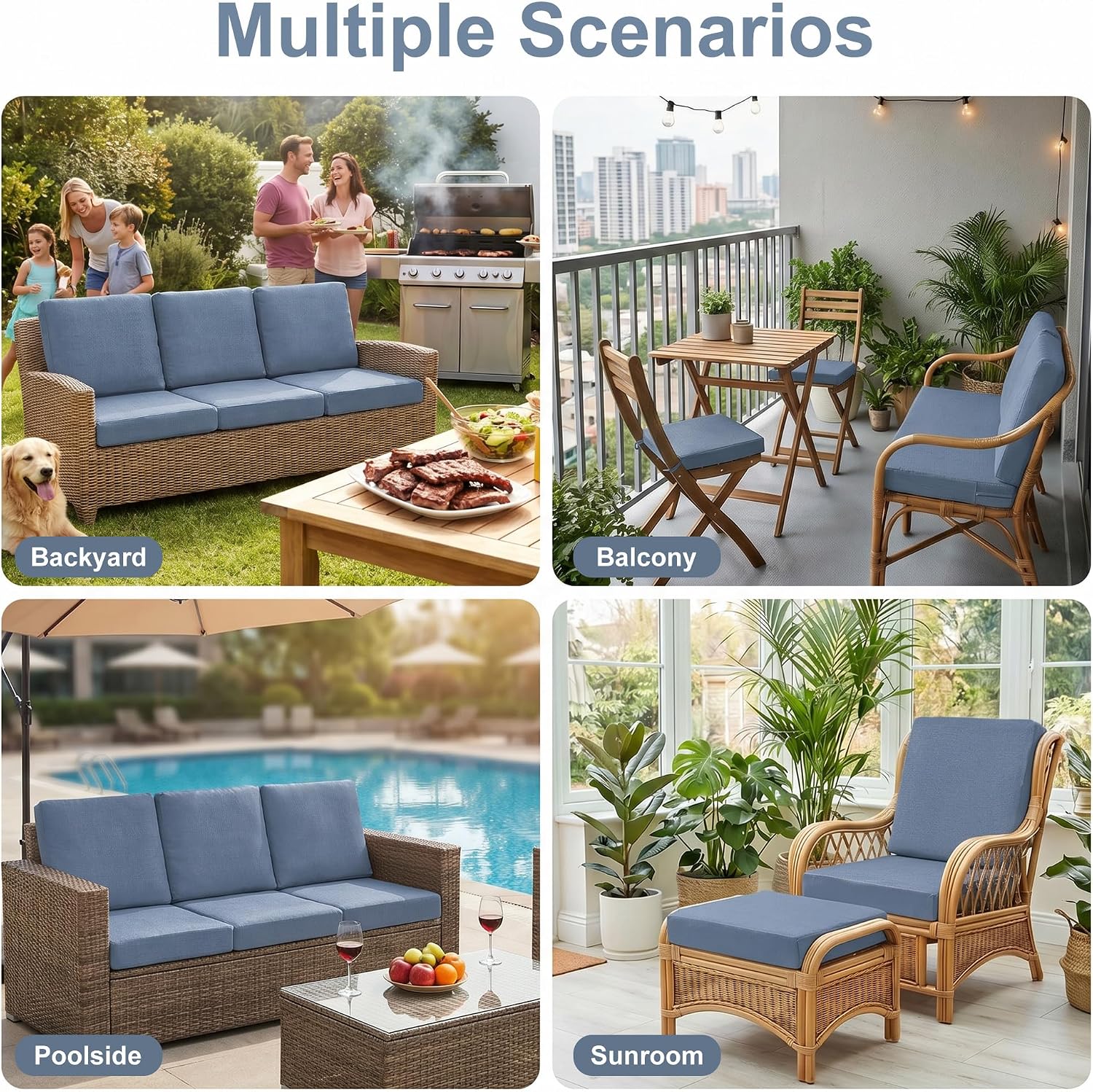 Waterproof Patio Cushion Covers ONLY, 2 Pack Non-Slip Outdoor Seat Cushion Slipcovers with Adjustable Elastic Strap, Washable Reusable Replacement Furniture Protector, Blue-Gray