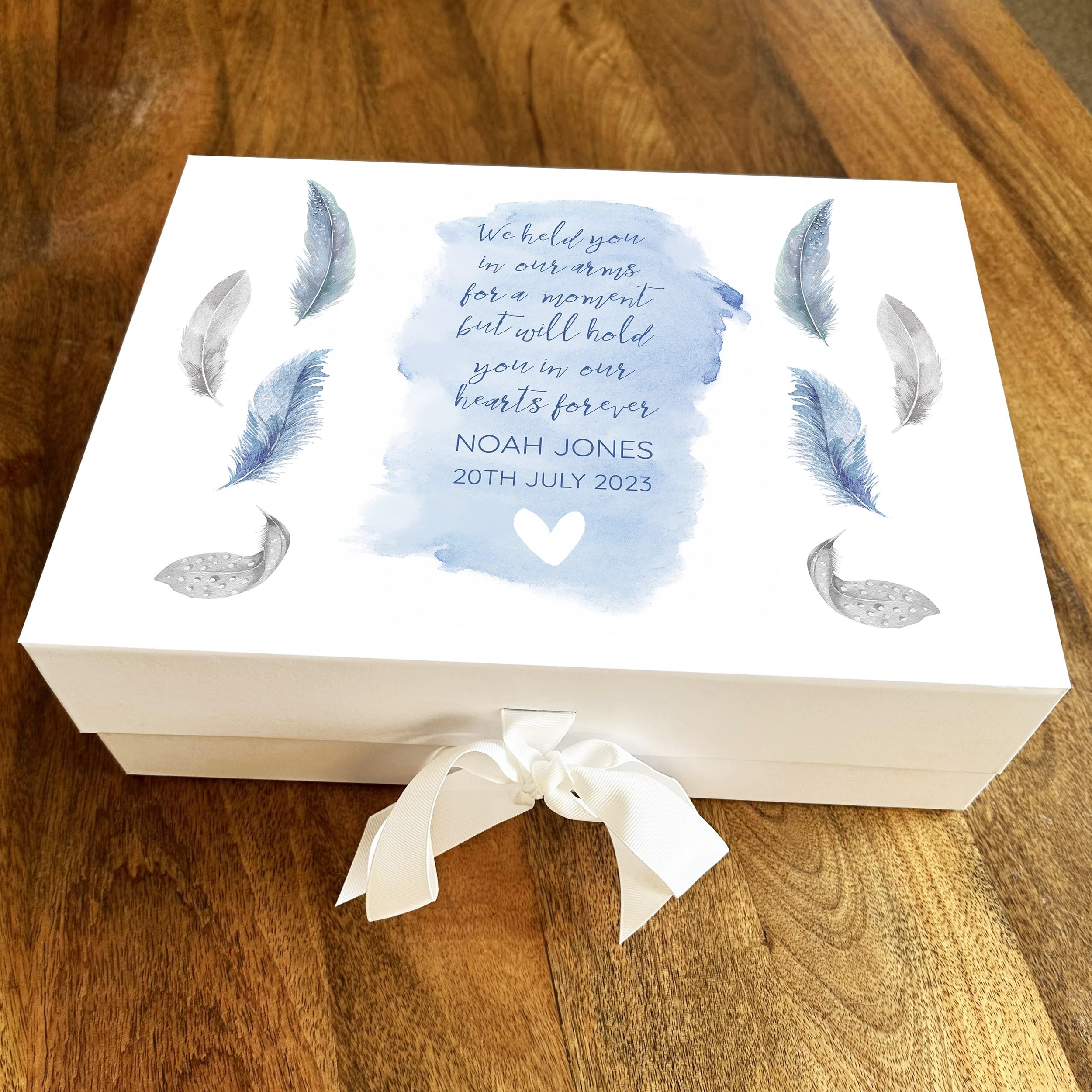 Fingerprint Designs Memory Box - Baby Loss Memorial Blue Feather Miscarriage Keepsake Box - Memory Remembrance Baby Boy Keepsake Box - In Loving Memory Keepsake Treasure Personalised Memorial Box