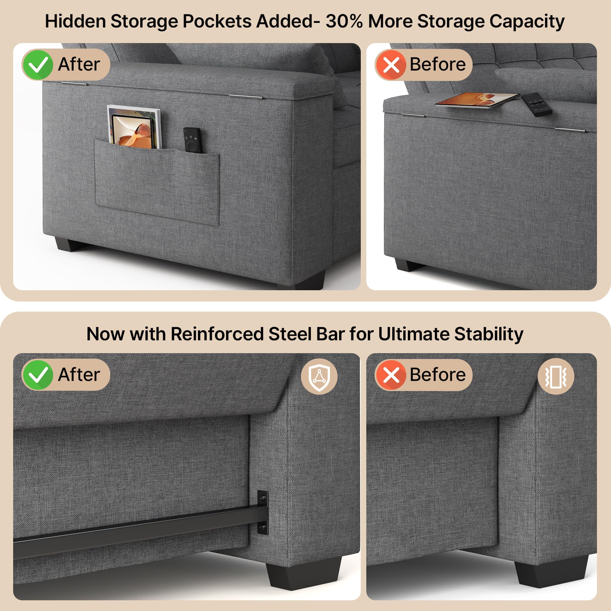 Gizoon 63.6'' Sleeper Sofa 3 in 1 Sofa Bed Convertible Loveseat Small Couch | Futon Sofa Bed for Small Spaces Apartment Living Room, Storage Armrests & 5 Adjustable Backrest, Dark Grey