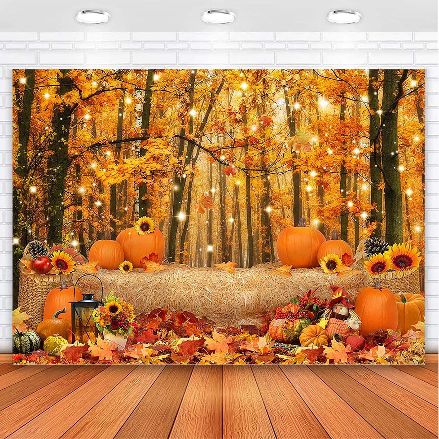 Avezano Autumn Fall Forest Photography Backdrop Natural Scencery Fall Landscape Leaves Haystack Thanksgiving Backrgound Pumpkin Maple Leaves Party Supplies 8x6ft