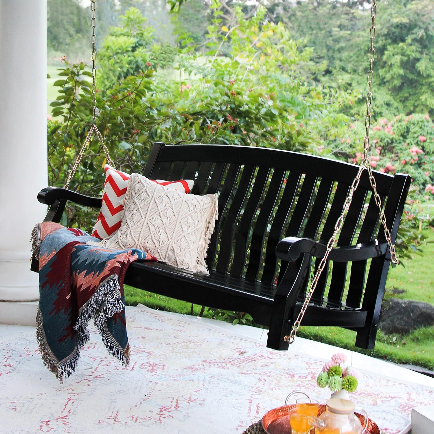 Cambridge Casual Bonn Mahogany Wood Black Porch Swing, Hanging Outdoor 2-Seater Swing Bench for Porch, Weather-Resistant & Durable, 4 Foot Porch Swing