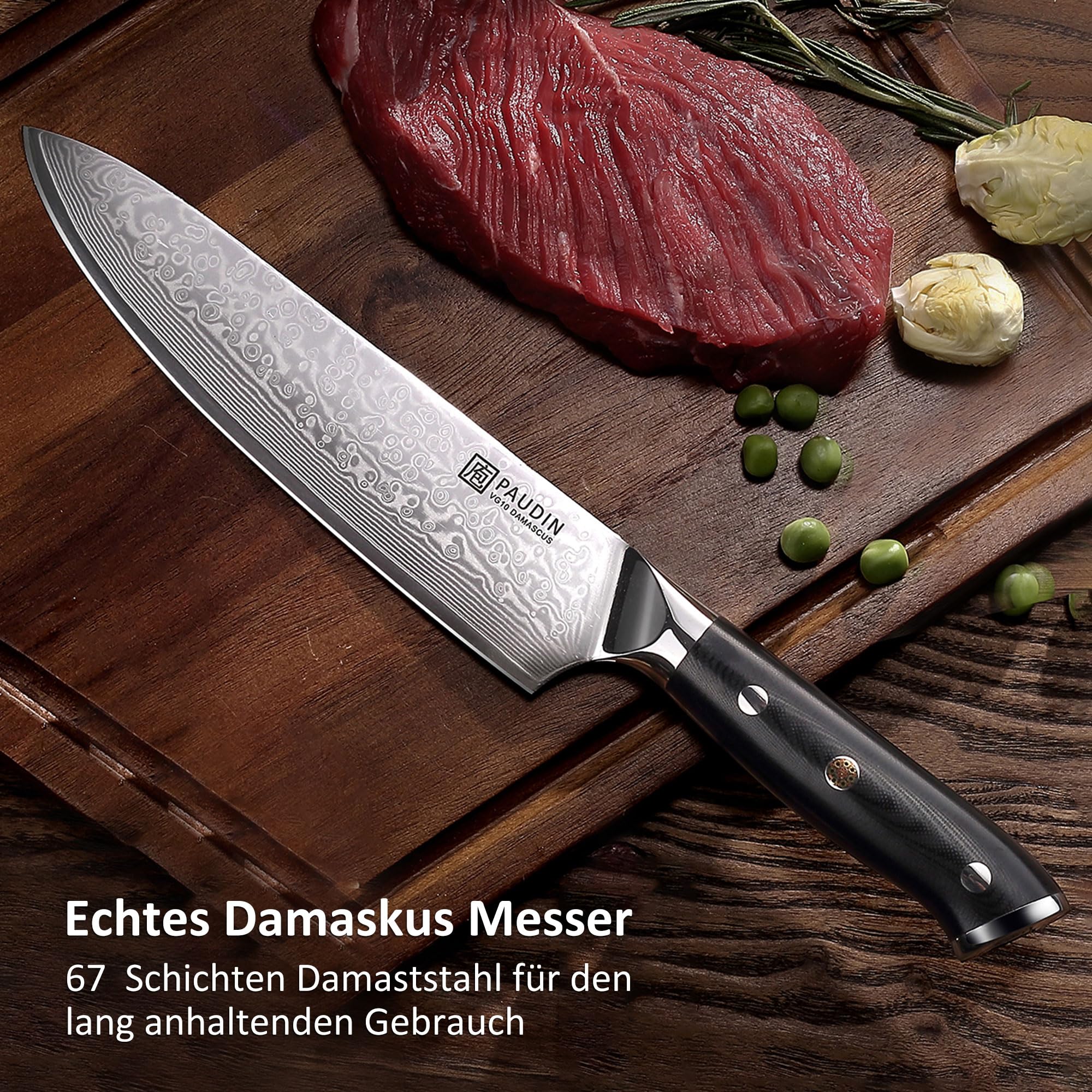 PAUDIN Set di 3 damascati in acciaio damascato ecologico e sostenibile, 67 strati VG10, con manico G10, coltello da cucina, coltello giapponese e multiuso ad alta durezza