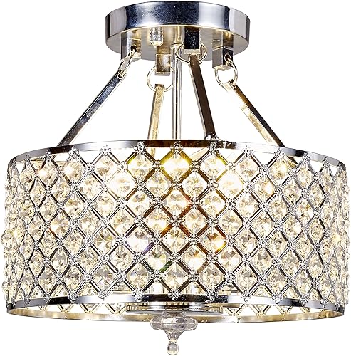 Top Lighting Lámpara de araña de cristal redonda con acabado cromado de 4 luces montaje semirempotrado