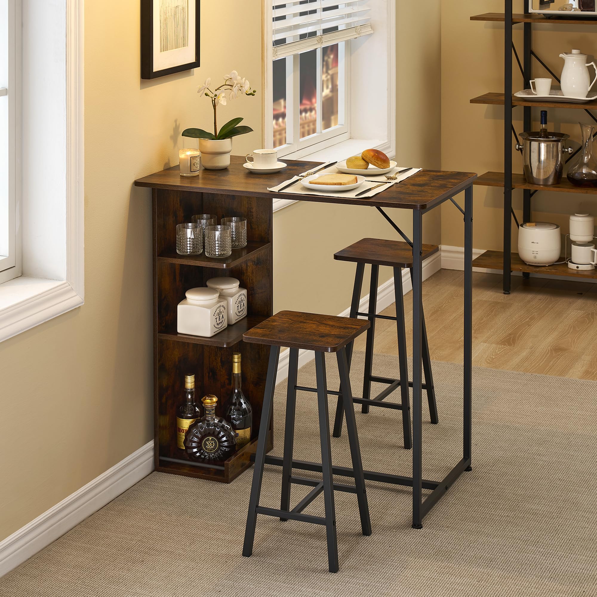 Juego de mesa de bar de 3 piezas, mesa de bar con taburete, juego de comedor de cocina con 2 sillas y 3 estantes, para vivienda, cocina, salón, comedor (retro