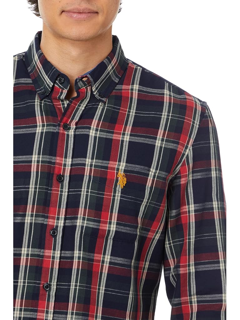 U.S. POLO ASSN. Long Sleeve Classic Fit 1 Pocket Yarn Dye Peached Twill Navy/ Red Plaid Woven Shirt