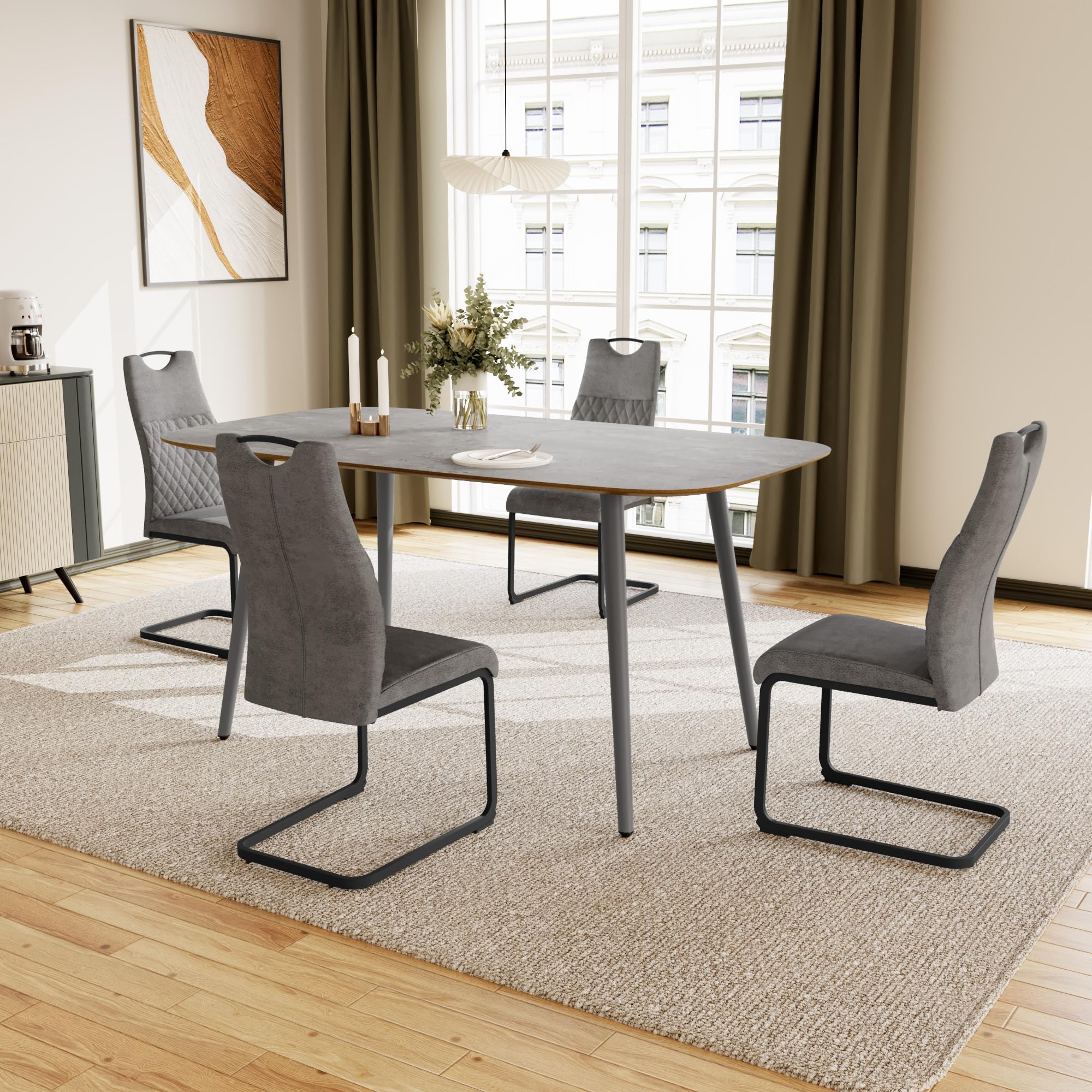 JIEXI Esstisch Küchentisch, 120 cm grau + 4 graue Stühle, 4-6 Personen | MDF Holz, Metallbeine, Modernes Design, Für Wohnzimmer & Esszimmer