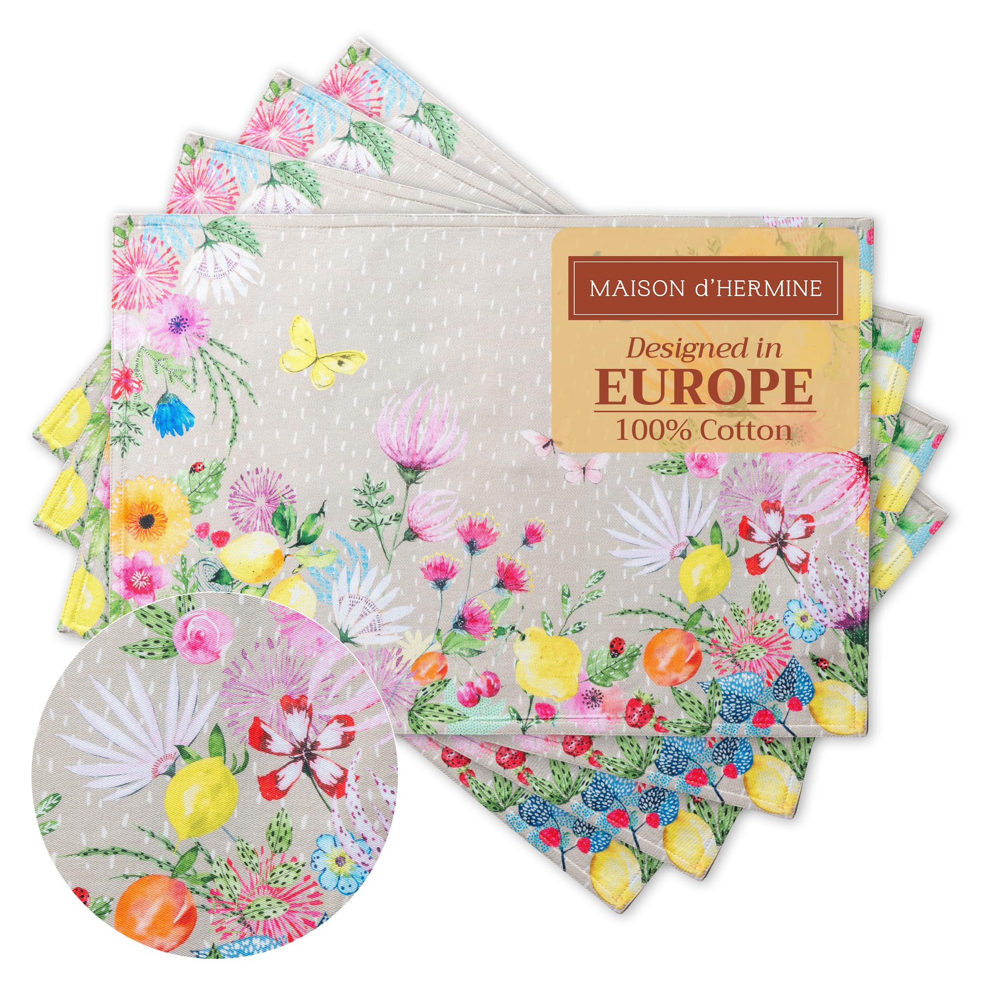 Maison D' Hermine 031 - Jardin D'ete - Fog Placemats Set Of 4 100% Cotton Washable Reusable Table Mats For Home Kitchen Dining Party Wedding Restaurant Spring Summer (Jardin D'ete - Fog, 33 Cm X 48 Cm)