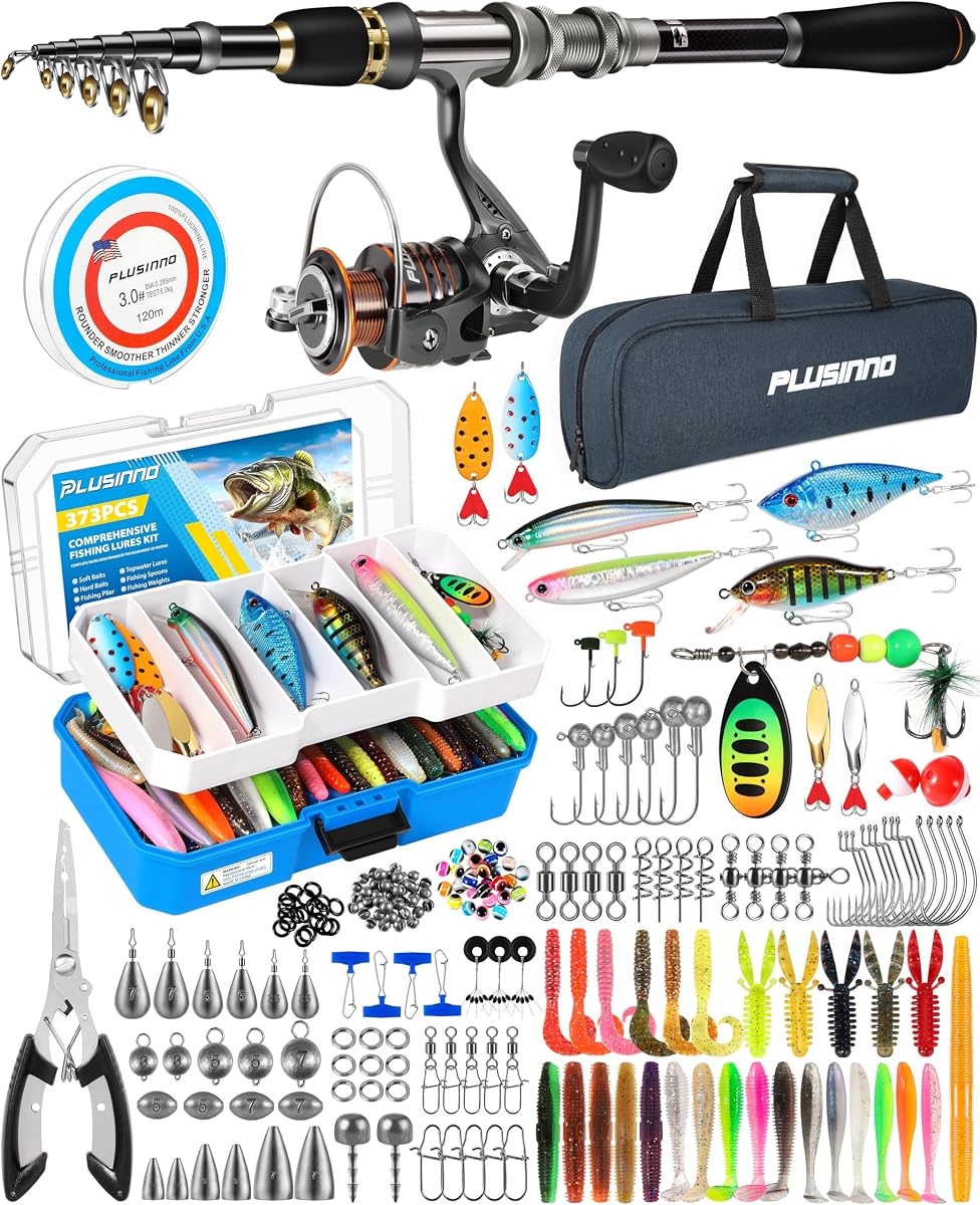 PLUSINNO Collapsible Telescopic Fishing Rod Pole and Reel Combo Starter Kit | Travel Pocket Retractable Fishing Rod Gear, Kits for Adults Beginner, Compact with Carrying Case, Fishing Gifts for Men