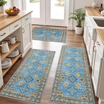 Tritard 100% Non Slip Kitchen Rugs Sets of 3 Washable Boho Kitchen Mats for Floor Vintage Farmhouse Kitchen Rug Soft Runner Rug for Hallway, Laundry Room, Indoor Entryway, Light Blue