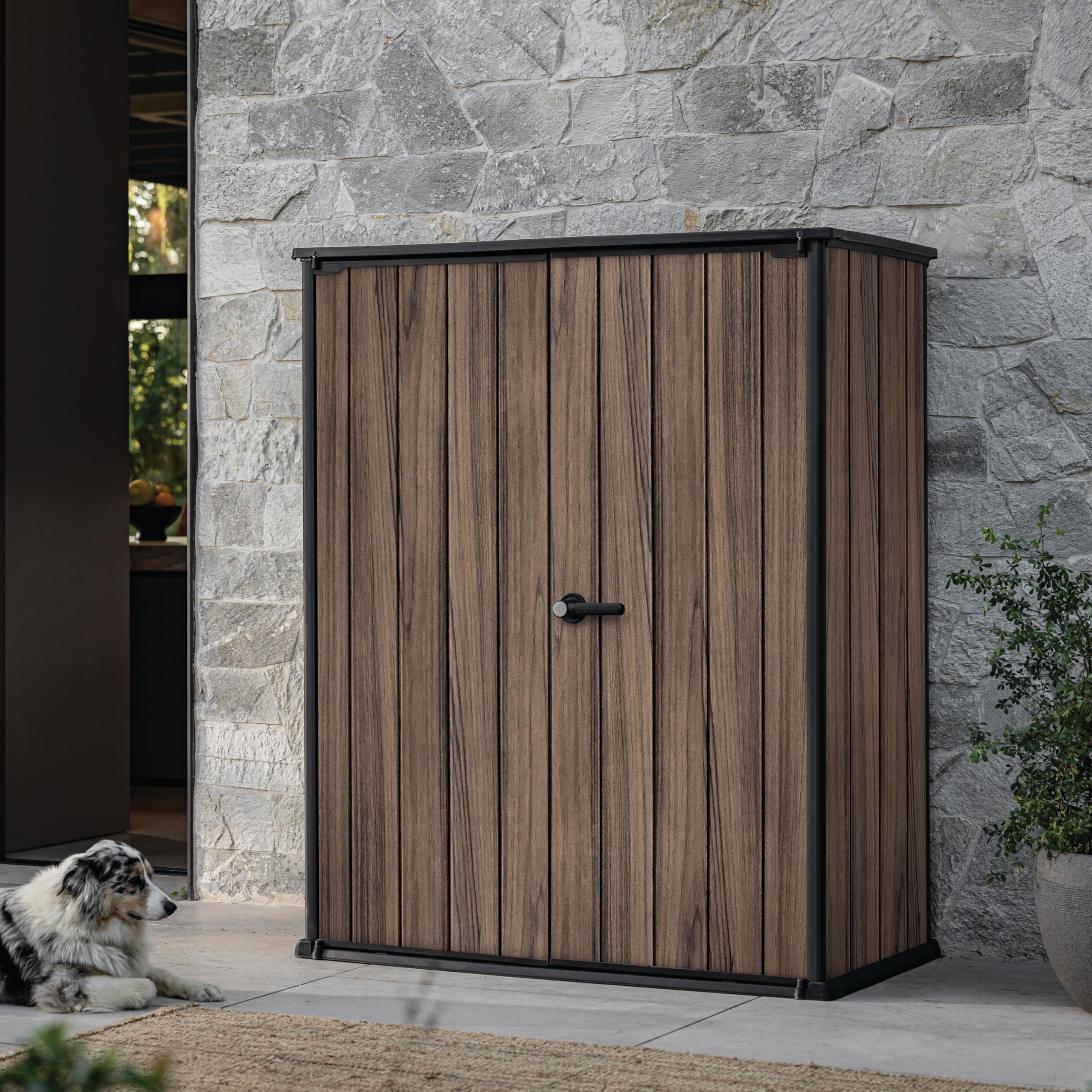 Keter Rosewood - Cobertizo vertical de jardín Exterior, 1400L, Color Marrón, Efecto madera, 170,4 x 140 x 73,6 cm