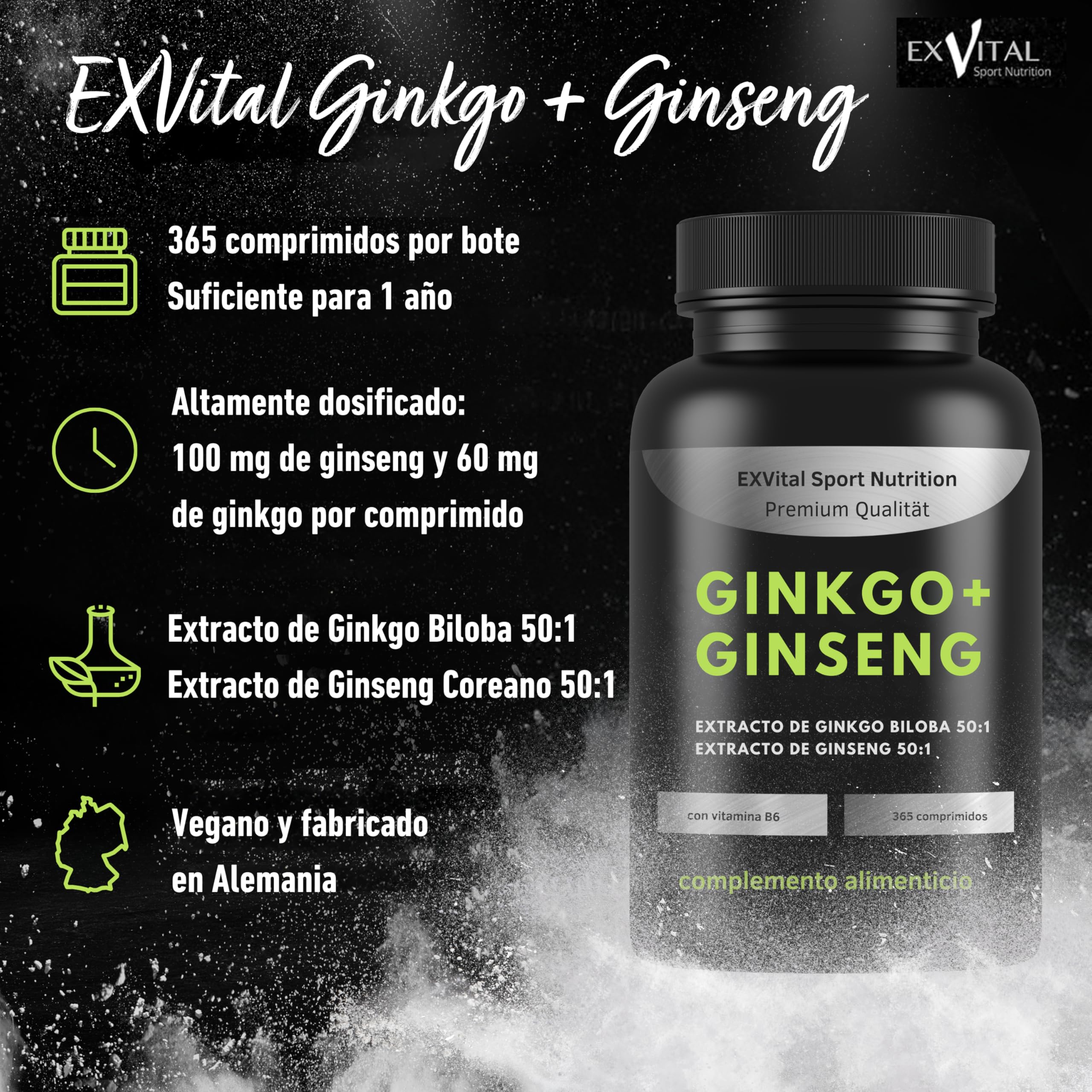 EXVital® Ginkgo + Ginseng, 365 comprimidos, extractos vegetales 50:1, alta concentración – Ginkgo biloba y ginseng coreano – Analizado en laboratorio – Vegano
