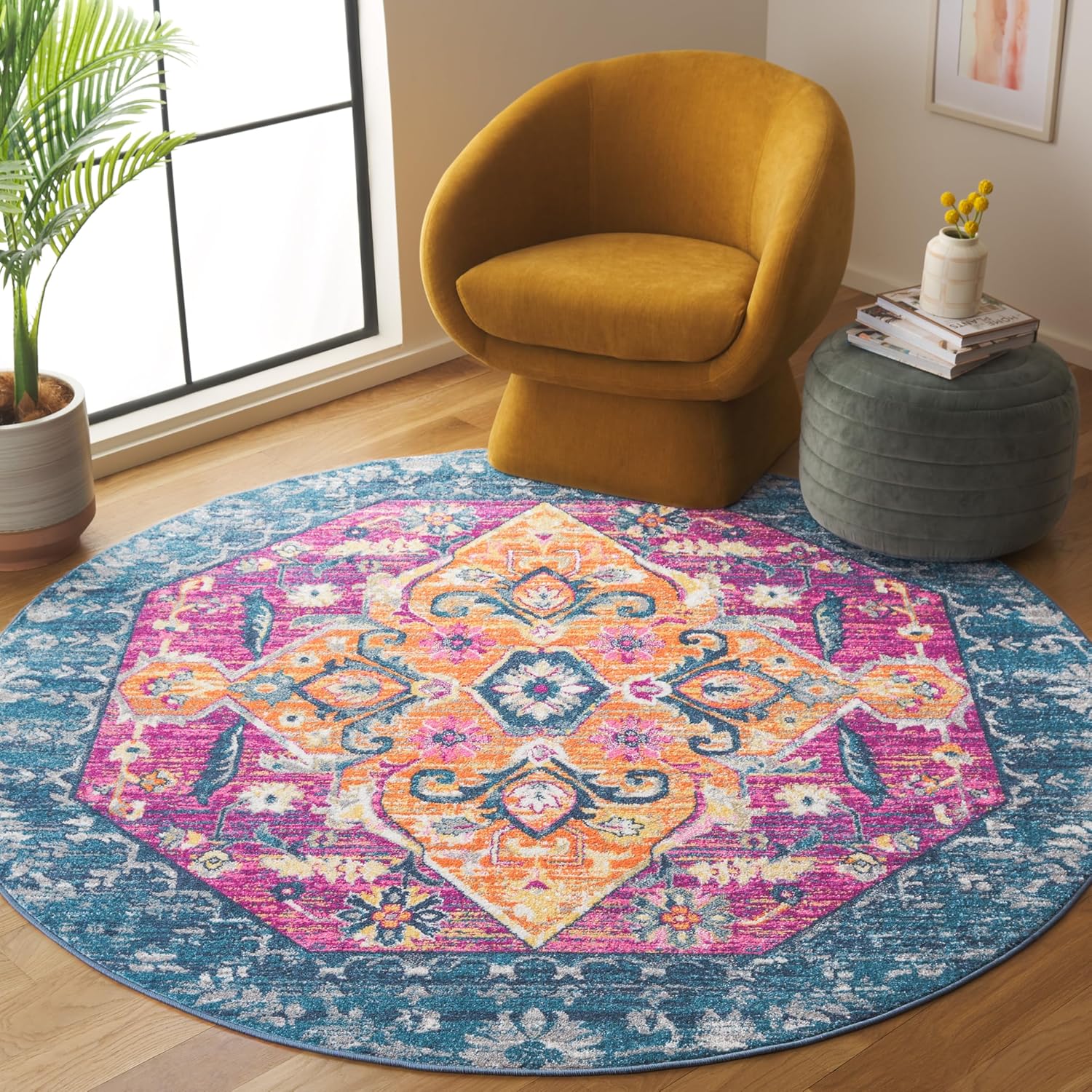 SAFAVIEH Madison Collection Accent Rug - 4' x 6', Blue & Fuchsia, Boho Chic Medallion Design, Non-Shedding & Easy Care, Ideal for High Traffic Areas in Entryway, Living Room, Bedroom (MAD119C)