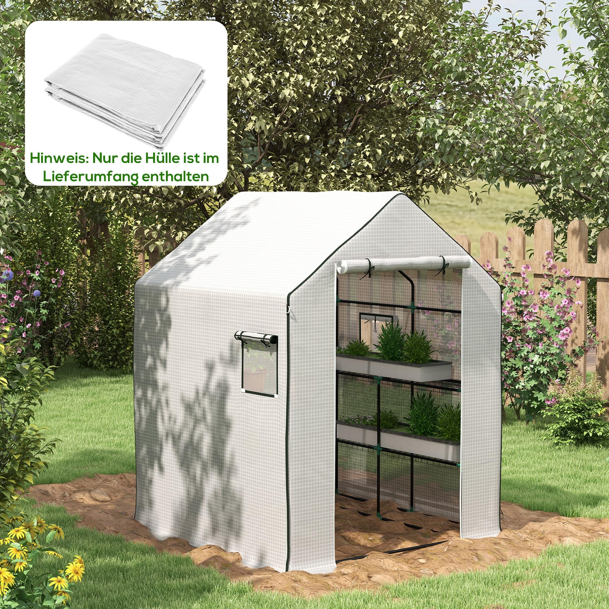 Outsunny Gewächshausfolie 1,4 x 1,9 m, wasserdicht Gartenfolie mit UV Schutz Seitenfenster, Reißfest Folie aus Polyethylen, Abdeckplane für Treibhaus, Tunnelfolie für Außenbereich, NUR Folie, Weiß