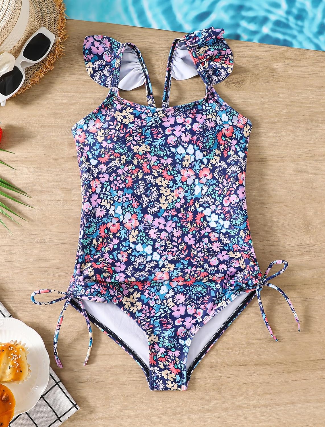 Girls Swimsuit Floral One Piece Bathing Suit Ruffle Strap Swimwear Drawstring Swimsuits for Teens 5-14Y with Padded - Image 7