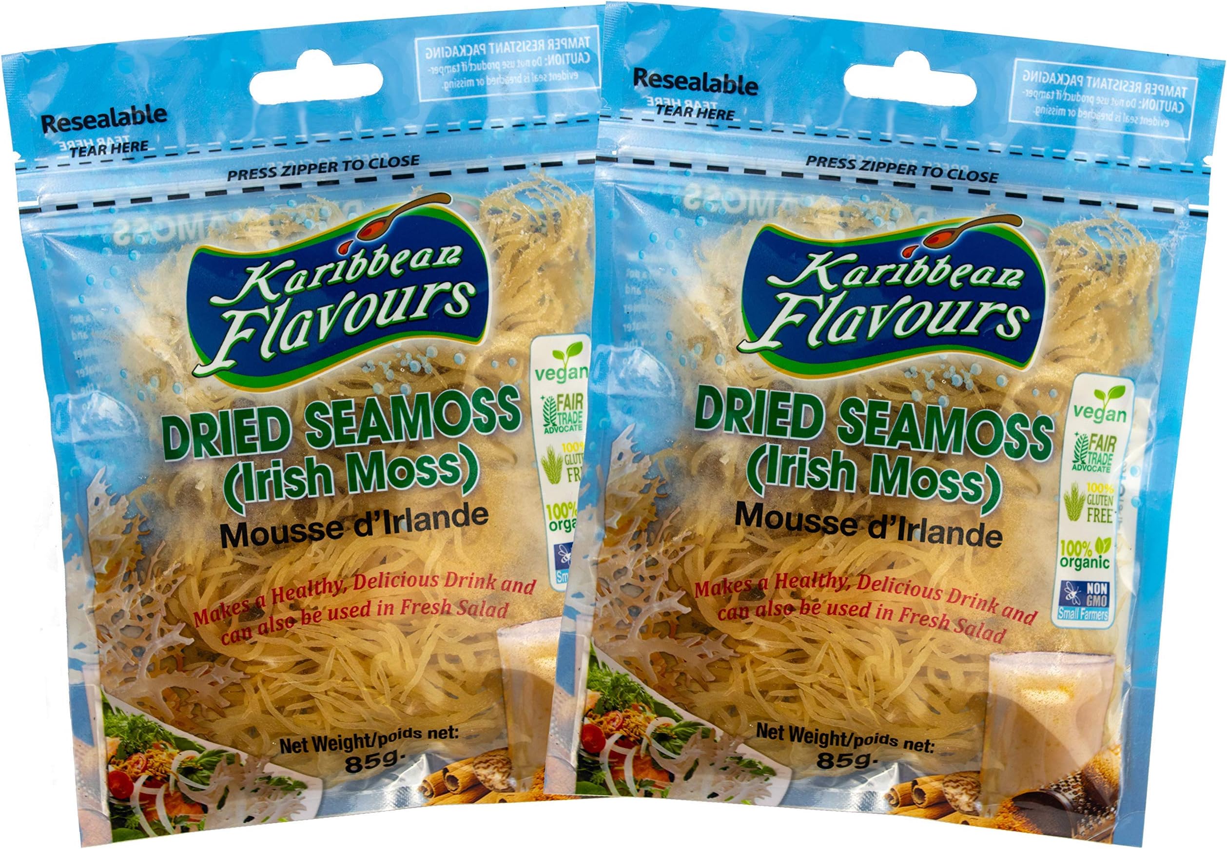 KARIBBEAN FLAVOURS Premium Irish Moss Superfood 2-Pack (2 x 3 Oz) | Wildcrafted | Non GMO | Organic | Vegan | Hand Picked | Sun Dried | Makes Perfect Gel