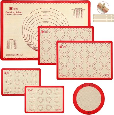 Silicone Baking Mat Set of 6, Includes 25"x17.5" Large, 2 Medium 16.5"x11.6", 2 Small 11.75"x8.25", 9" Round, All Mats 0.70mm Thick, Non-Stick Reusable Baking Mats for Pizza, Cookie, Bread