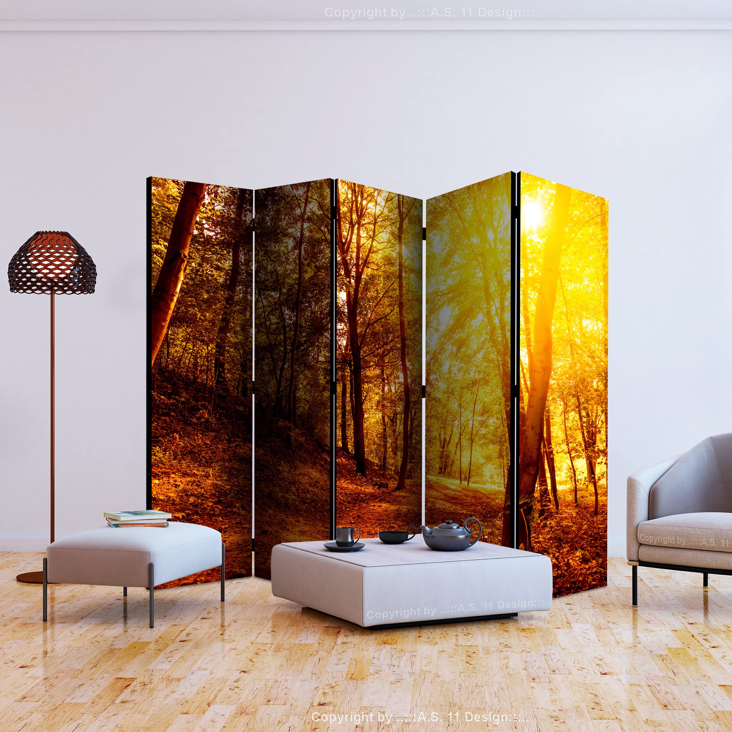 decomonkey Paravent Raumteiler Innen Wald, 225x172 cm, 5-teilig, Beidseitig