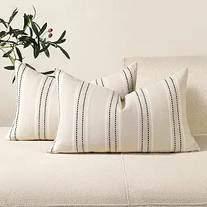 Hckot Throw Pillow Covers 12x20 Set of 2 Striped Pillow Covers Textured Linen Decorative Pillows Lumbar Cushion Covers for Sofa Couch Bed Living Room Farmhouse Decor, Black