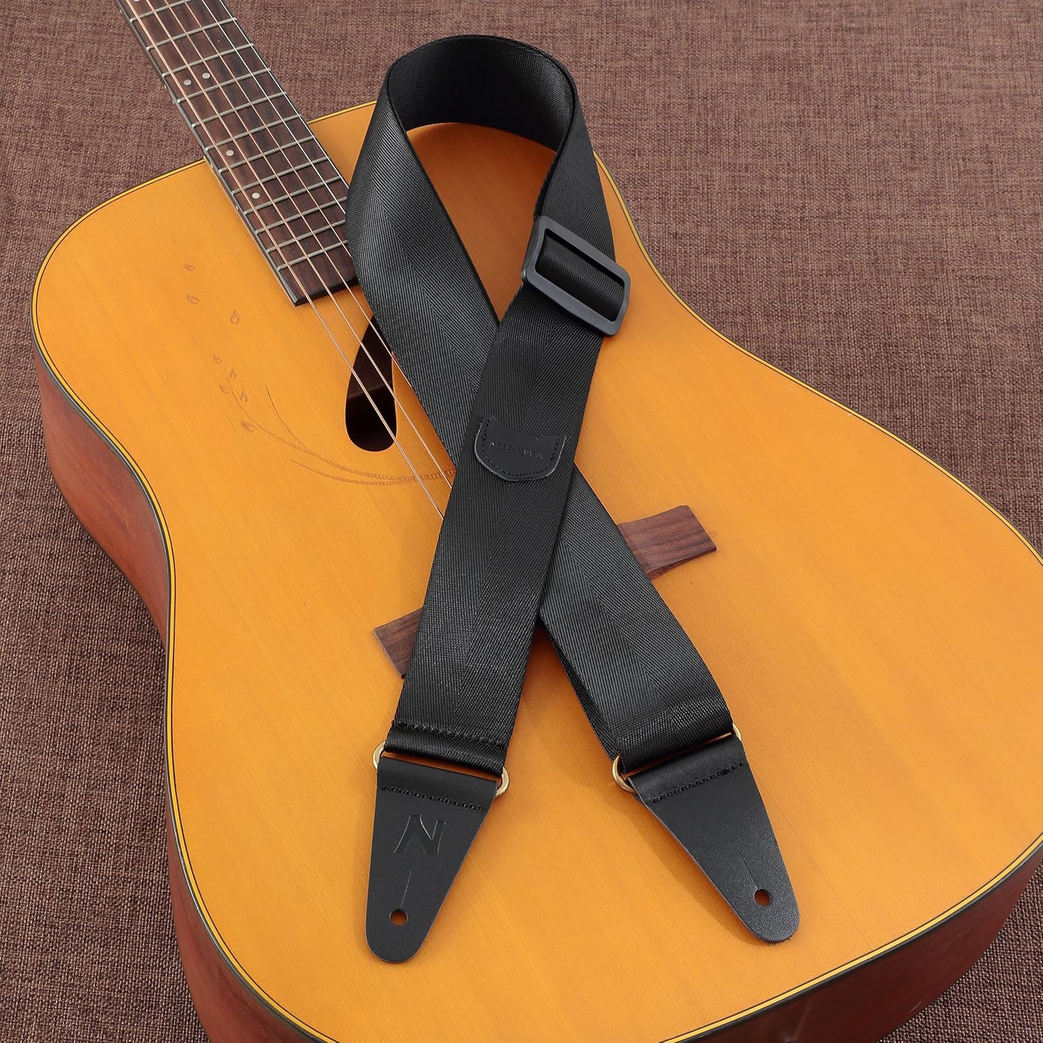 Black Guitar Strap Vintage Nylon Full Grain Leather Ends Guitar Straps