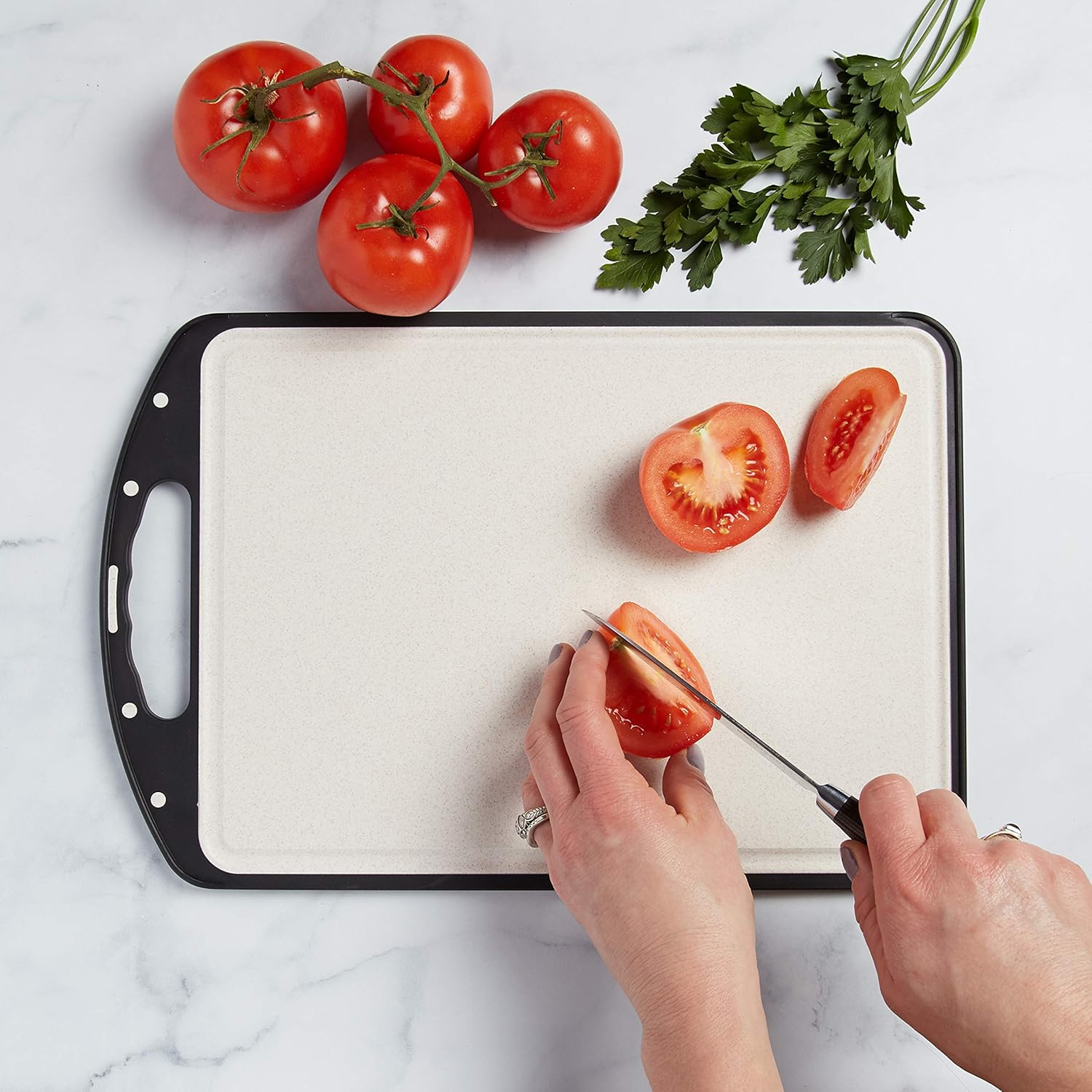 Double-Sided Cutting Board - Large 15 x 10 in - 316 Stainless Steel and Wheatgrass - Durable, Lightweight - Fruit, Vegetables, Raw Meats - Juice Groove - Easy Grip Handle