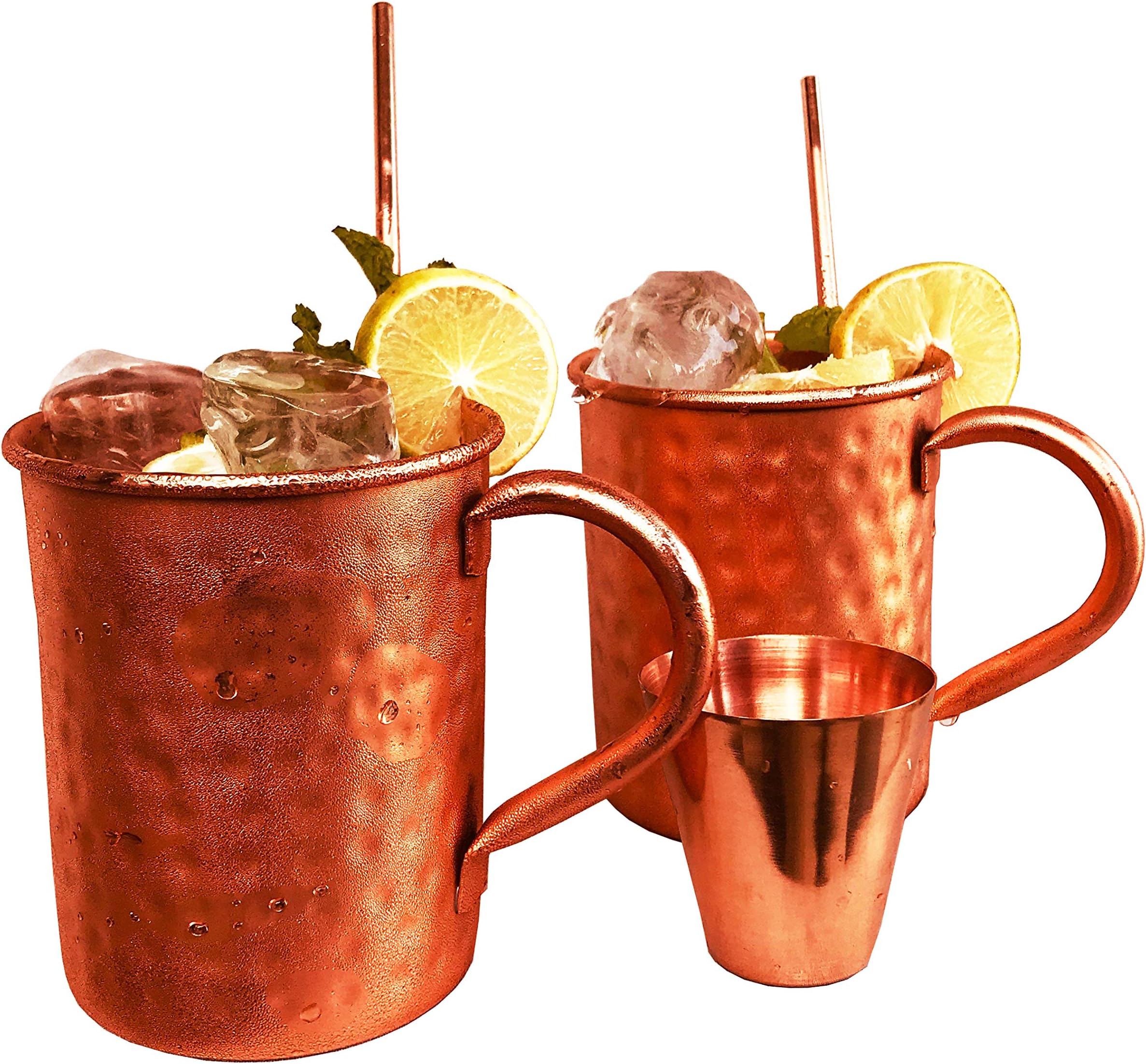 Moscow Mule Copper Mugs - Set of 2-Handcrafted Food Safe Pure Solid Copper Mugs - 16 Ounce Set With Bonus : Highest Quality 2 Cocktail Copper Straws and 1 Shot Glass