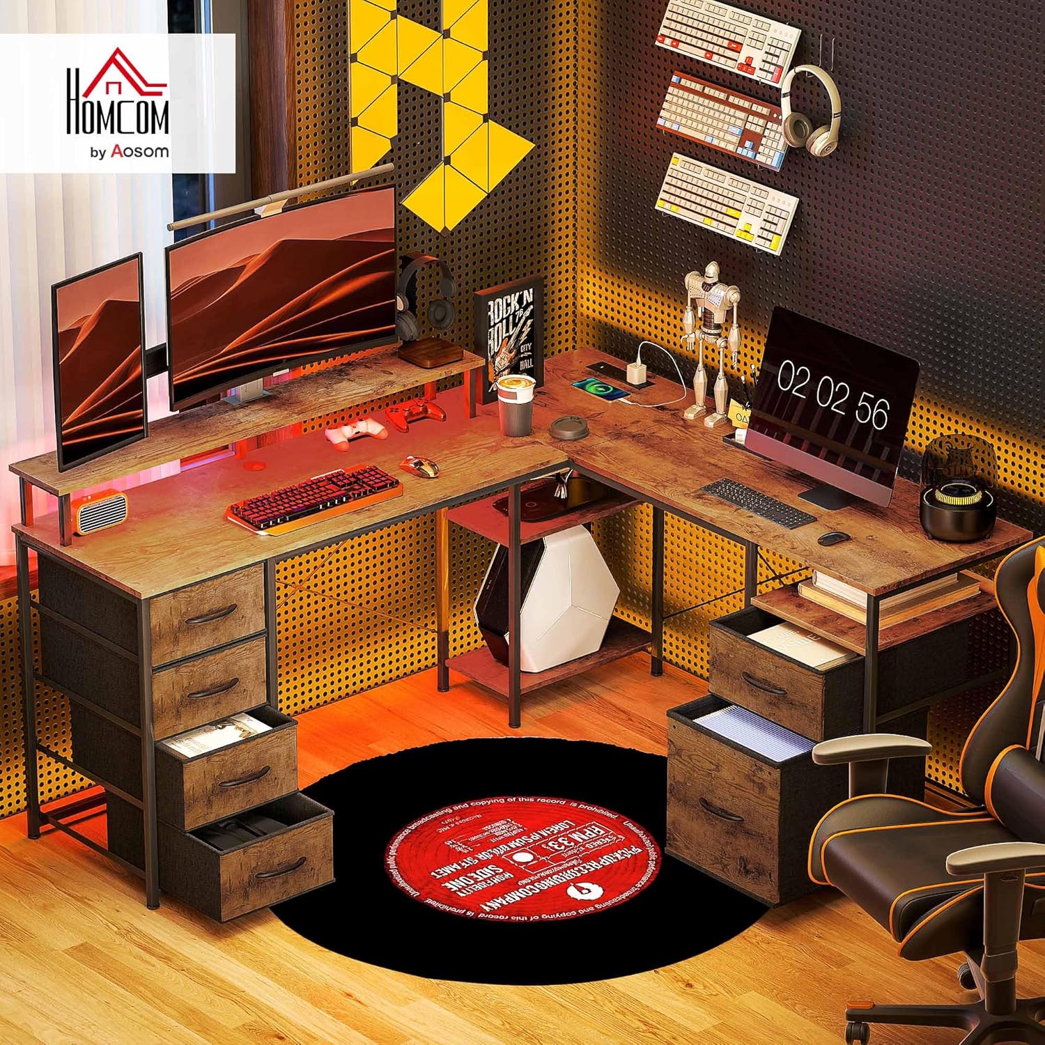 HOMCOM 66" L Shaped Gaming Desk, Reversible, 105" 2 Person Computer Desk with File Cabinet and Fabric Drawers, Power Outlets and LED Lights, Monitor Stand, Rustic Brown