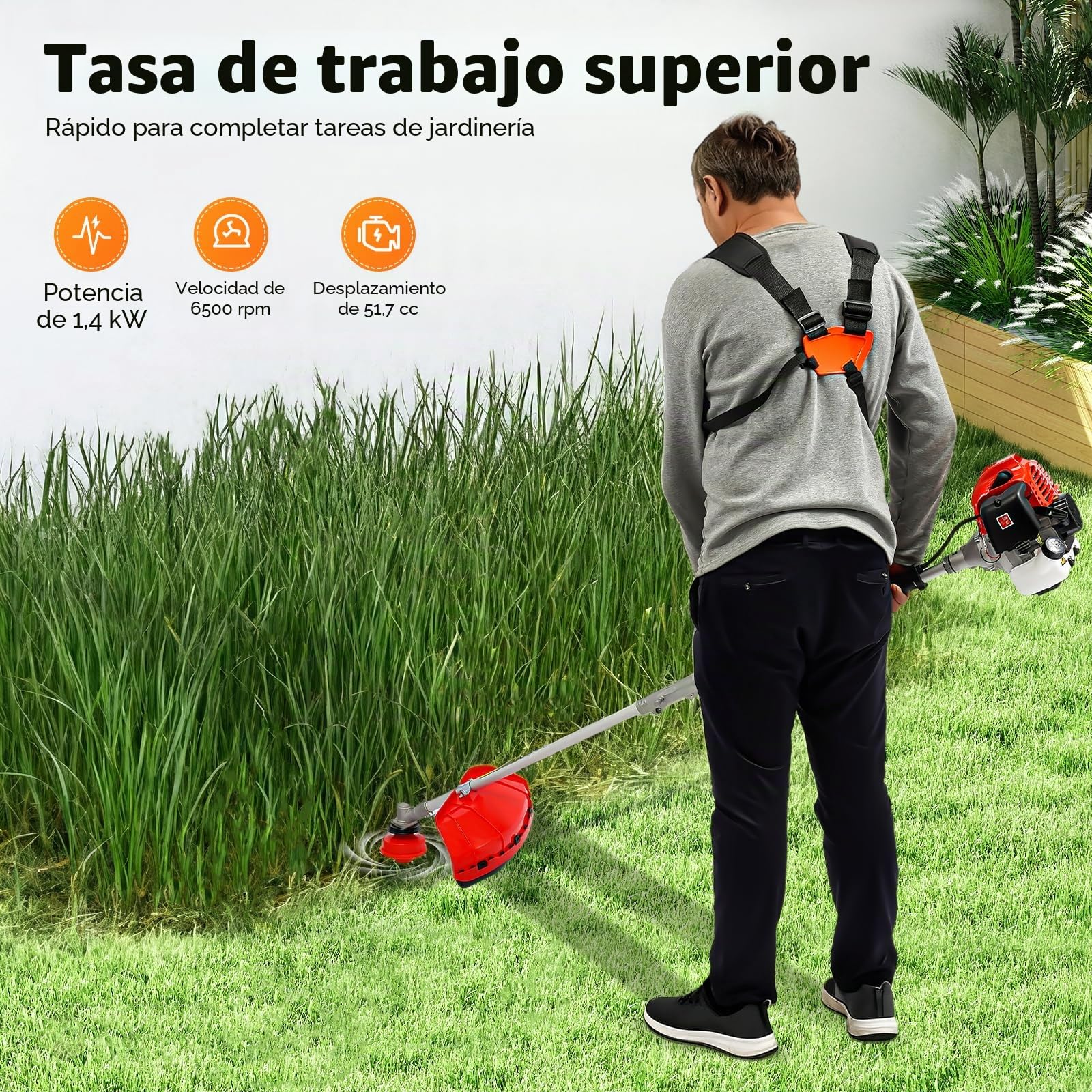 Herramienta multifunción de jardín de gasolina de 52 cc con desbrozadora, cortabordes, motosierra y cortasetos en uno, multiherramienta 4 en 1 para jardín, incluye 3× barras de extensión de 85 cm y