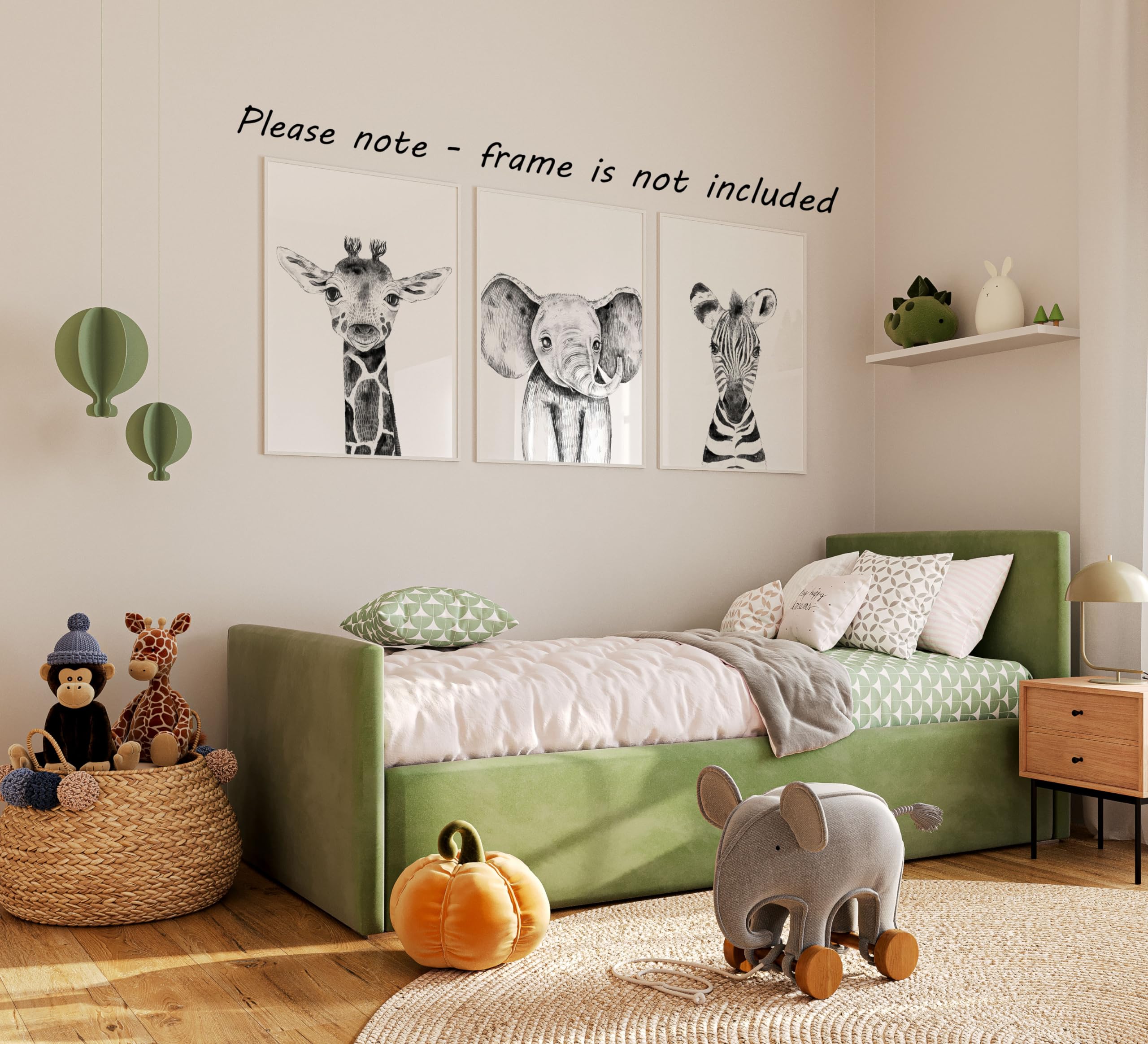 Eviepops Prints Quadri Cameretta Bambini Safari – Set di 3 Stampe Animali Elefante, Giraffa, Zebra Stile Bianco e Nero Decorazione Parete Bambini Senza Cornice (A3)