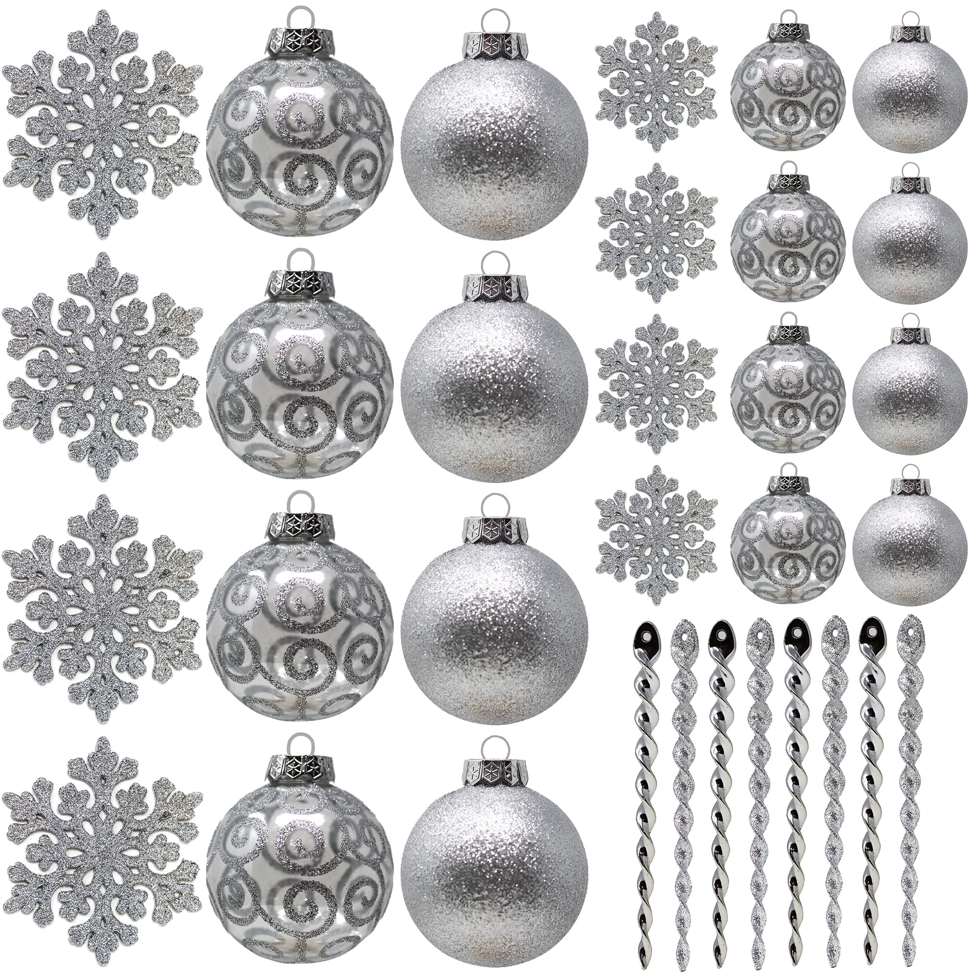 SLEETLY 32pk Christmas Ornaments for Tree Holiday Xmas Decorations, Shatterproof Plastic 3.15/2.36 Inch Glitter Balls, Icicles and Snowflakes Set, Silver (DEFECTIVE Units)