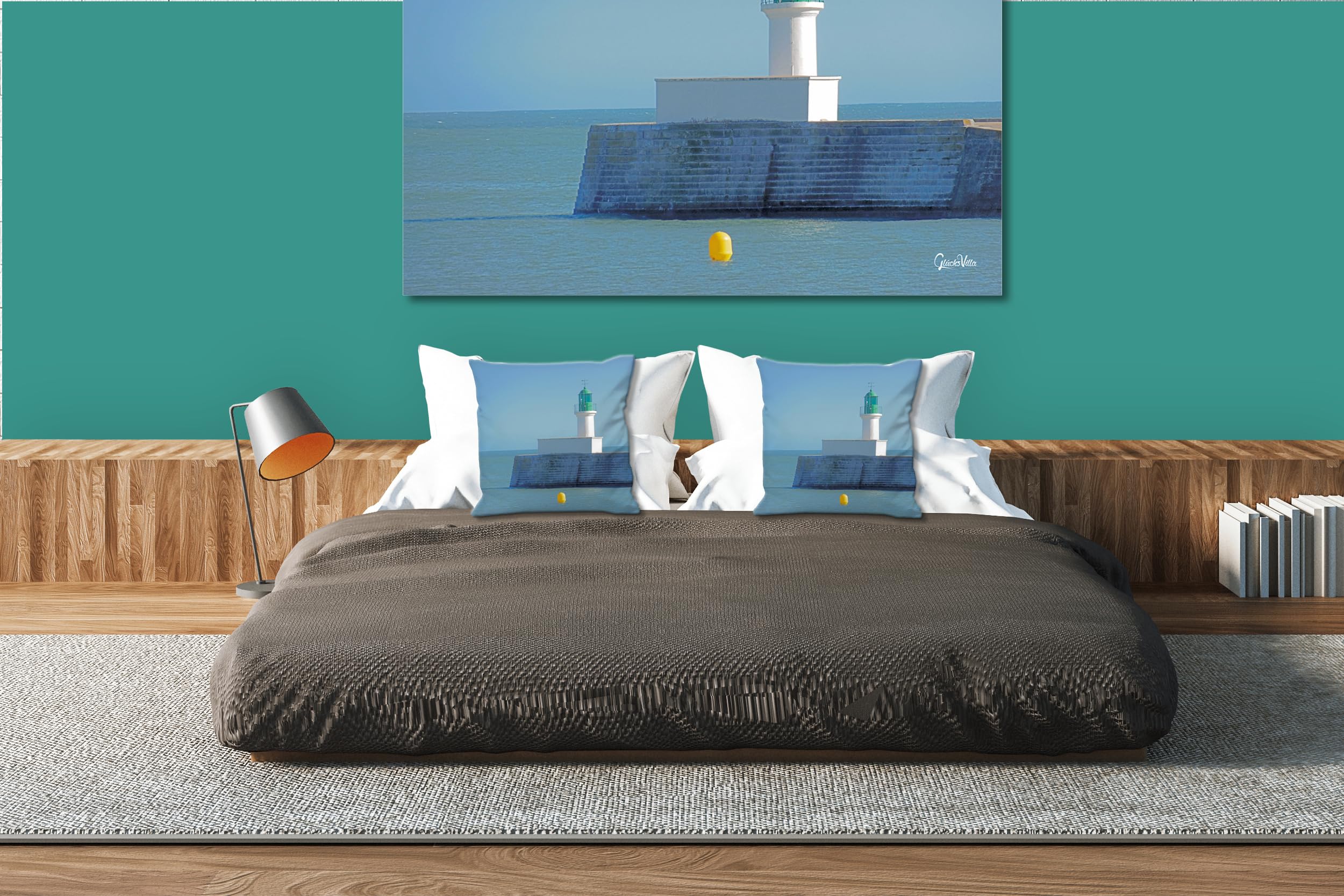 Leuchtturm 2 - Foto-Kissen-Hülle Set (2 STK.) 40 x 40 cm | Kissen-Bezüge - passend zu Wandbild - Deko-Kissen - Frankreich Meer Küste Strand Hafen