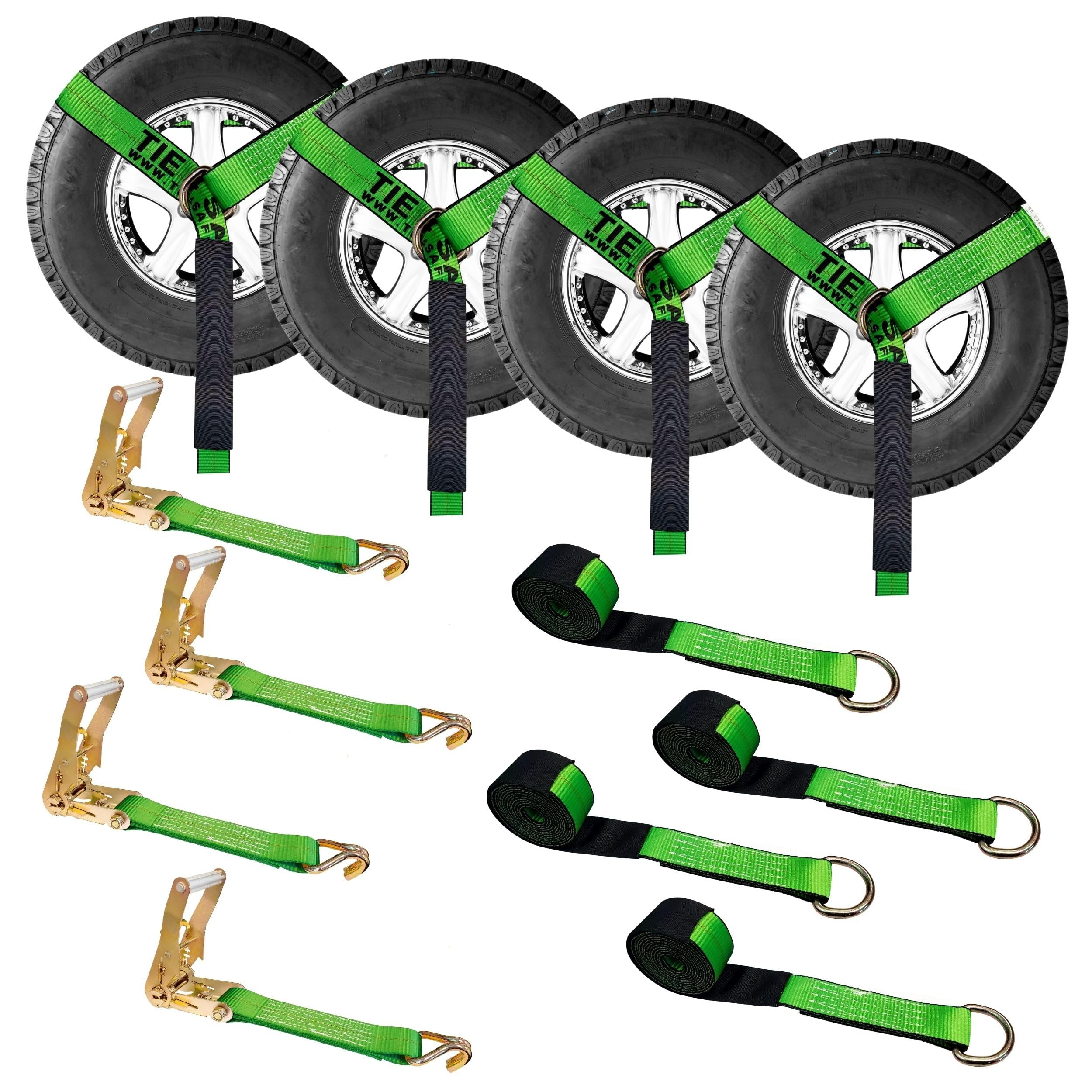 Mega Cargo Control 4 zestawy 5 cm x 25 cm D pierścień lasso pasek z (4) grzechotką 5 cm, (4) hak druciany J, (4) ochraniacz tulei wciągarki Lasso - (prezent) | zapadkowy holownik i ciągnięcie (zielony
