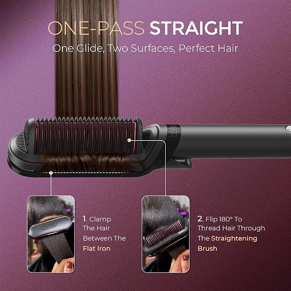 TYMO Flat Iron Hair Straightener Brush 2 in 1, 200M Ions Hair Straighteners for Women, Ceramic Straightening Hot Comb for Anti-Frizz Straights, Waves, Curl, 3X Less Heat Damage, Dual Voltage, Black