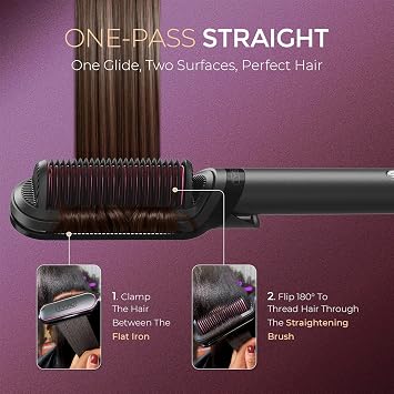 TYMO Flat Iron Hair Straightener Brush 2 in 1, 200M Ions Hair Straighteners for Women, Ceramic Straightening Hot Comb for Anti-Frizz Straights, Waves, Curl, 3X Less Heat Damage, Dual Voltage, Black