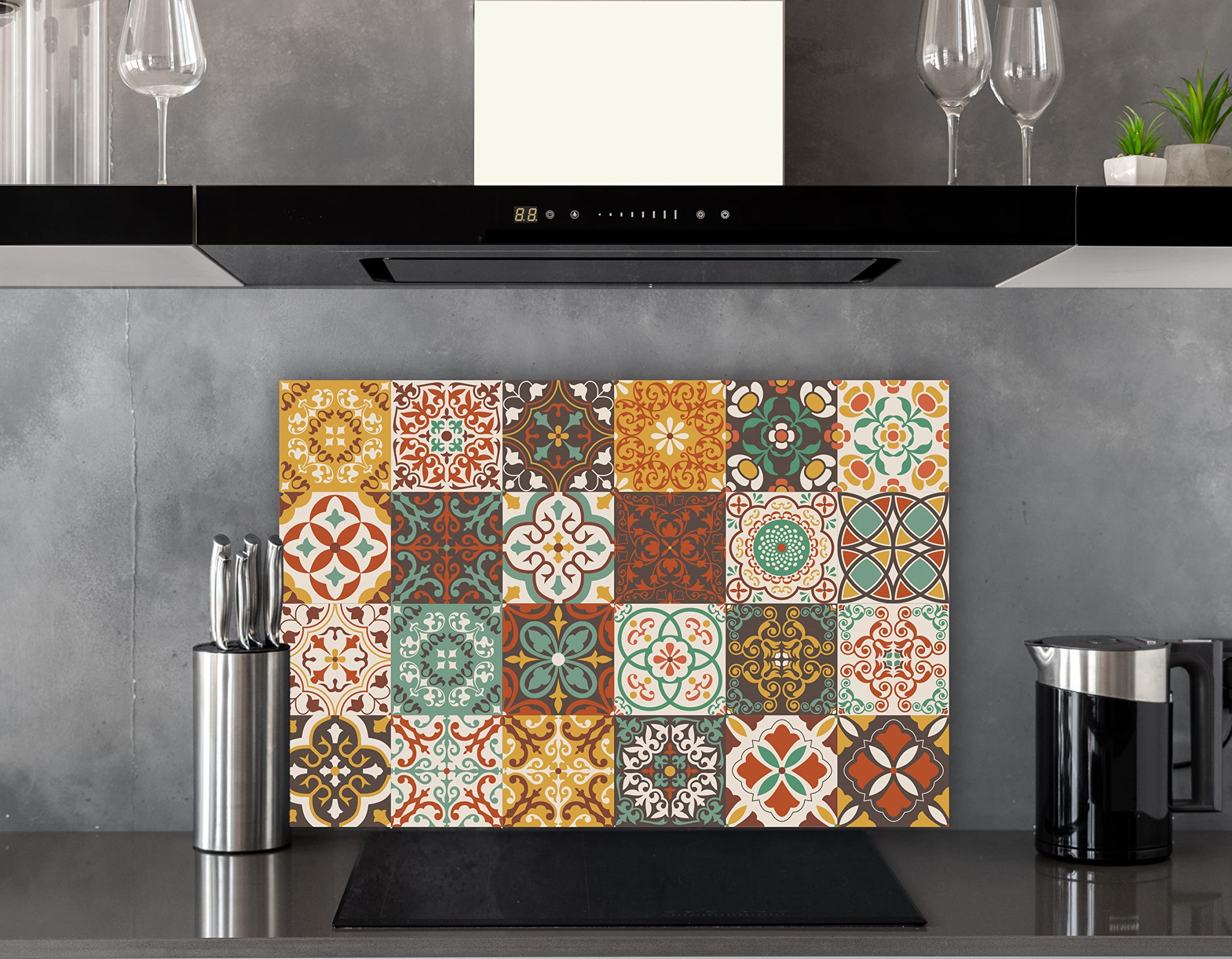 Manschin-Laserdesign Küchen Spritzschutz Fliesenmuster in Verschiedene Größen | Küchenrückwand | Aluverbund | Fliesenschutz | Paneele | Küchenfliesen | Fliesenspiegel | Rückwand (Aluverbund 90x60cm)