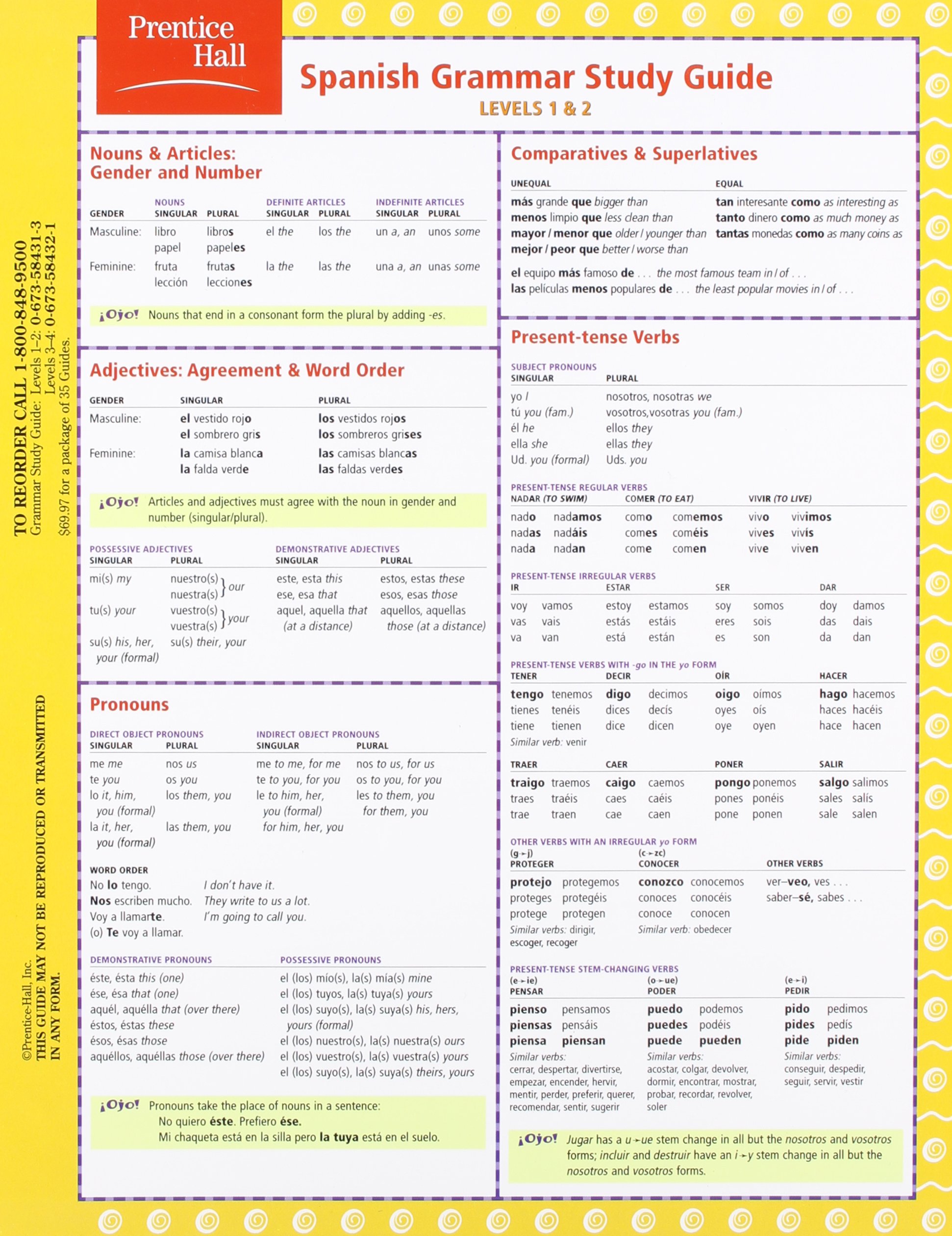Spanish Grammar Study Guide: Level 1 and 2