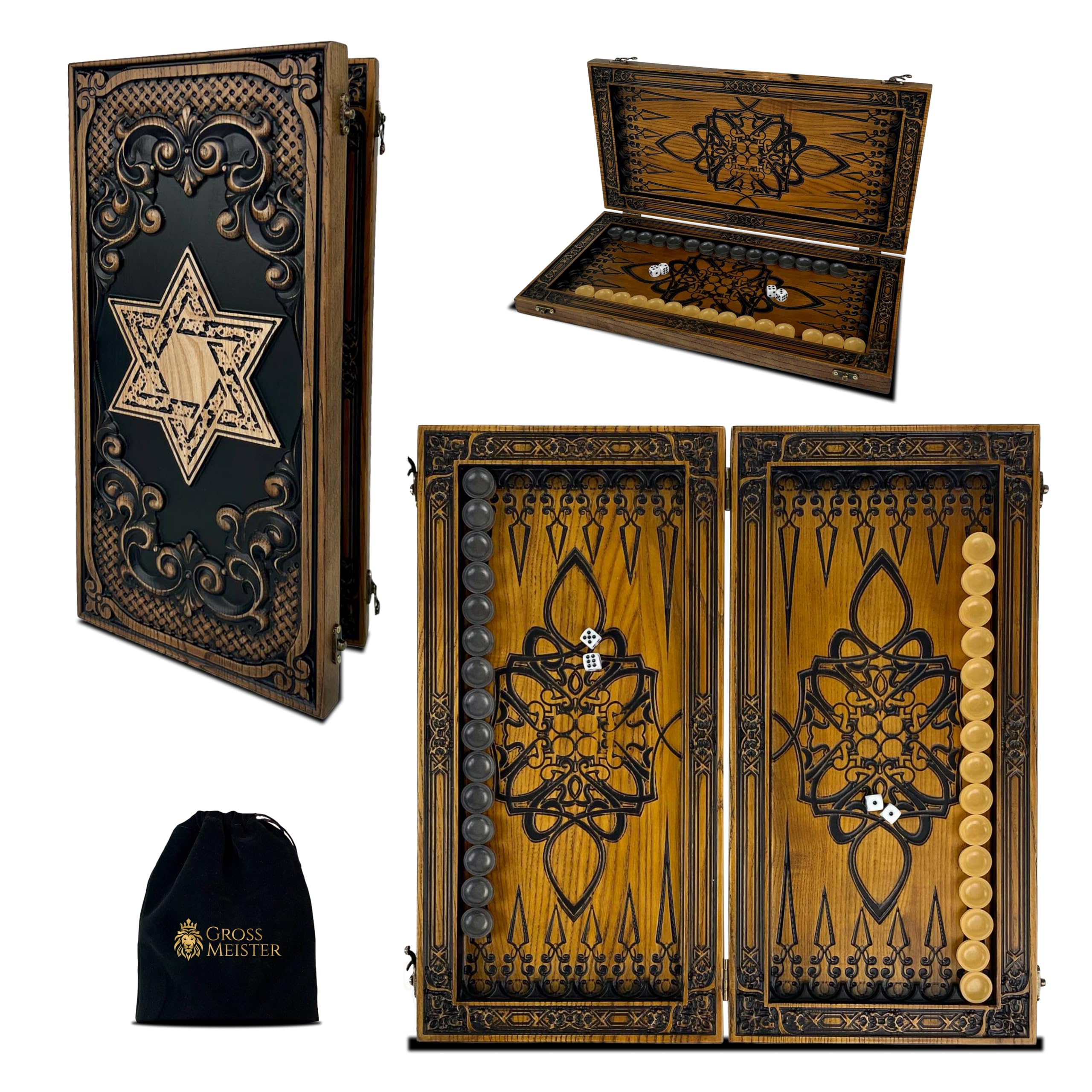 Backgammon aus Eschenholz – Davidstern Gravur – 48×23 cm – Handgefertigtes Set mit Epoxid-Spielsteinen – Geschenkidee für Kenner „Davidstern“ (2 Design)