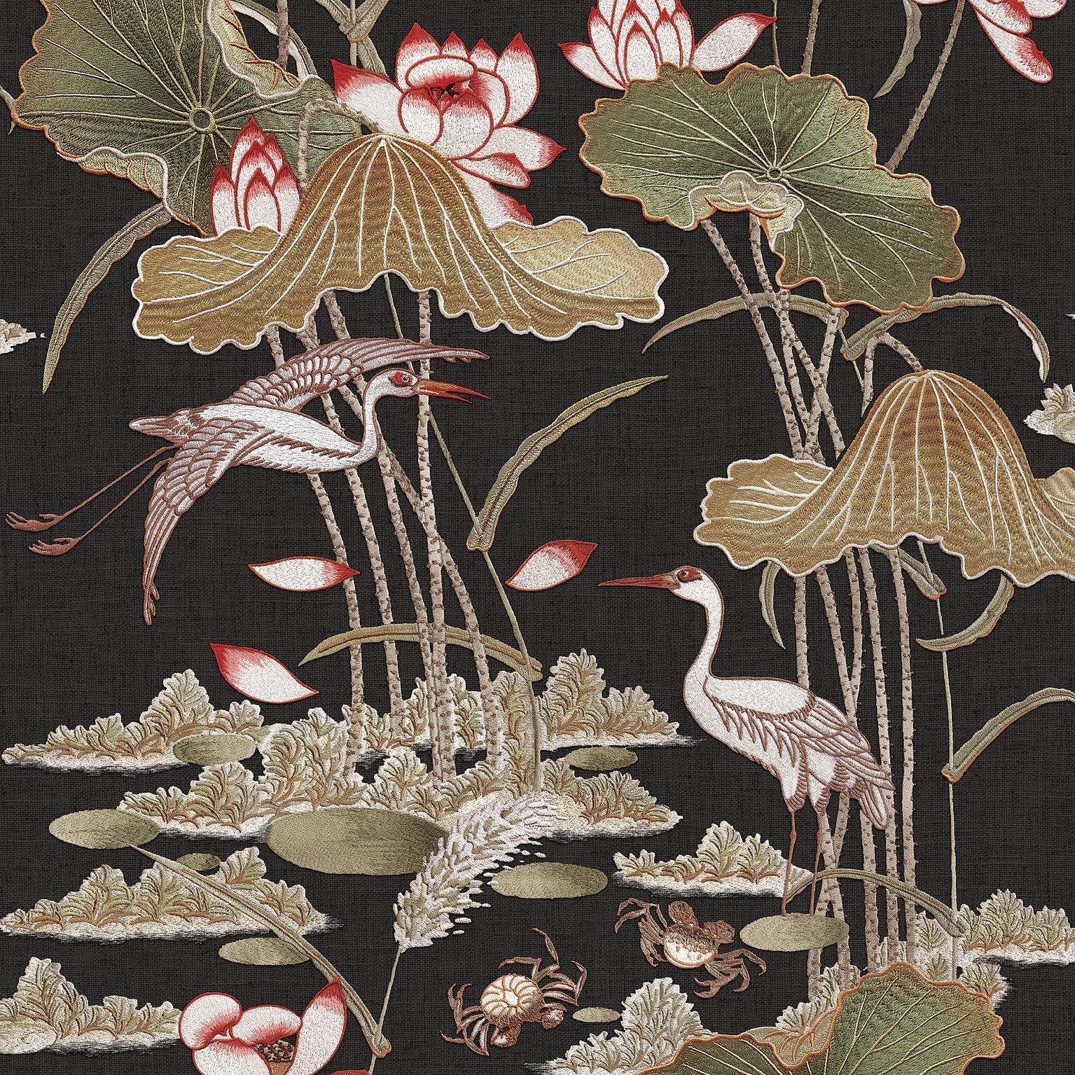 Yöl Black Lotus Pond Wallpaper - Floral Crane Bird Lily Pads Crabs Silk Textured Paste The Wall Modern Non-Woven Vinyl