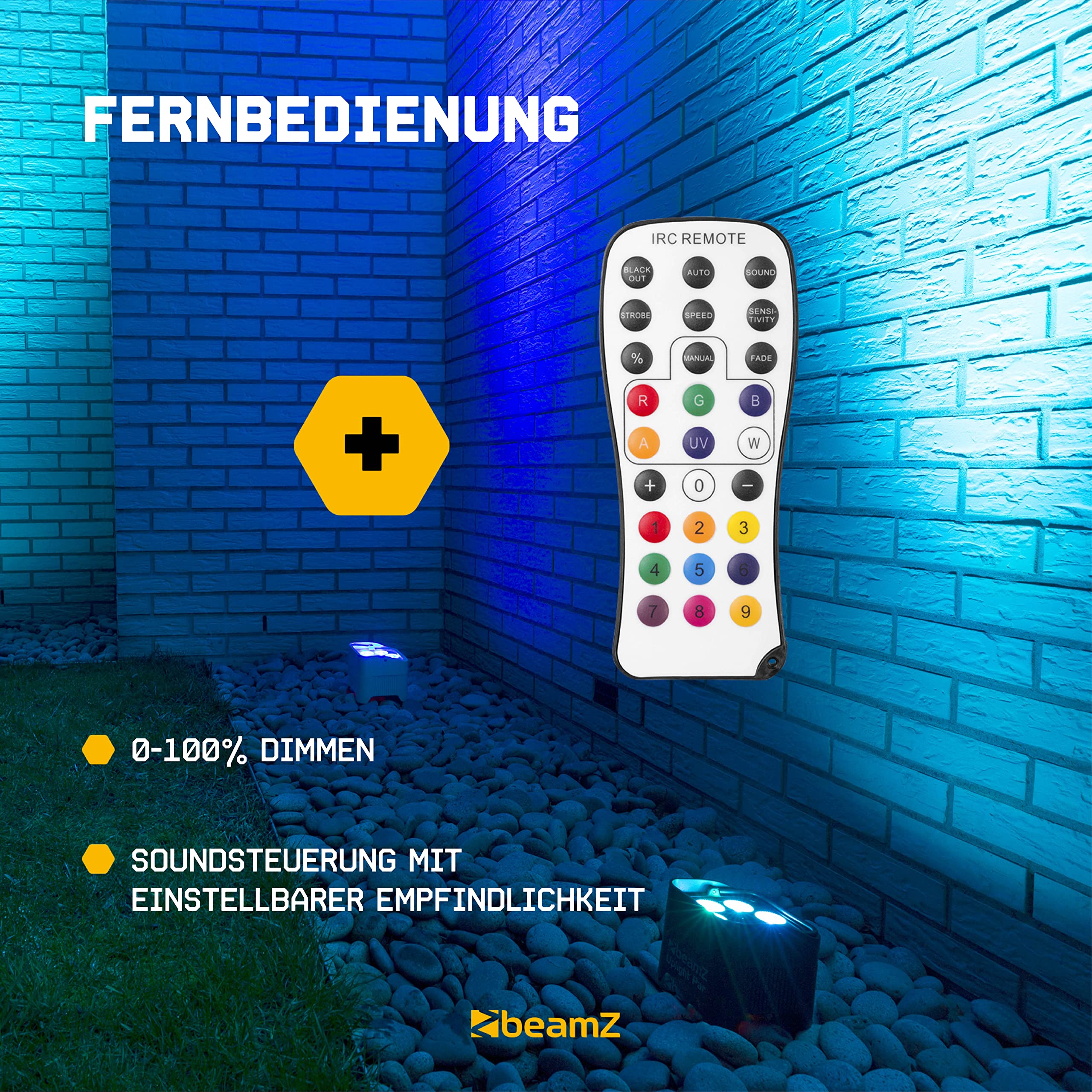 BeamZ BBP90 LED Uplight LED Par Strahler, 20h Akku, 4er Set mit Tasche, 4 x 4 Watt, Bühnenbeleuchtung Set für DJ Pult, Bühnenlicht, DMX-LAN, Partylicht Musikgesteuert, Bühnenequipment, Fernbedienung