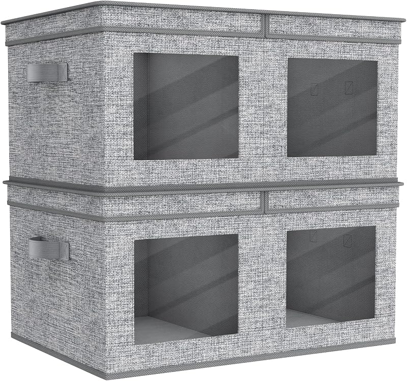 Large Fabric Storage Bins with Lids for Clothes 2 Pack, Grey | 24 x 17 x 12 In Foldable Storage Boxes with Handles, Clear Window, Closet Organizers for Home, Bedroom