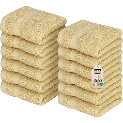 Utopia Towels 12 Pack Premium Wash Cloths Set, 12 by 12 Inches, 100% Cotton Ring Spun, Highly Absorbent and Soft Feel Essential Washcloths for Bathroom, Spa, Gym, and Face, Champagne