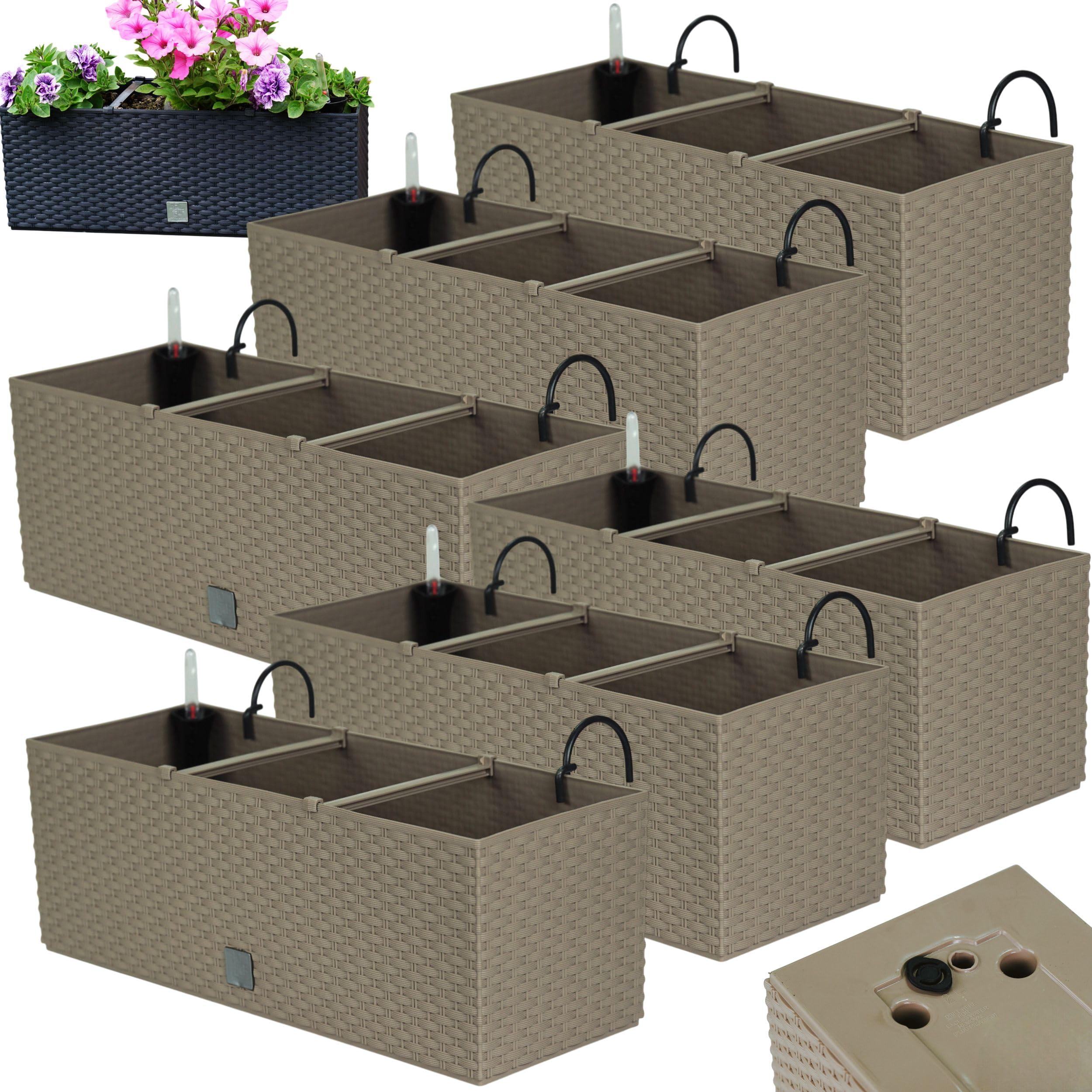 Juego de macetas para balcón 6 x 51 x 19 x 18,5 cm | Maceta de balcón con Aspecto de ratán | Maceta con asa, Soportes y Sistema de riego | Macetas para terraza | Jardinera de diseño Elegante | Mocca