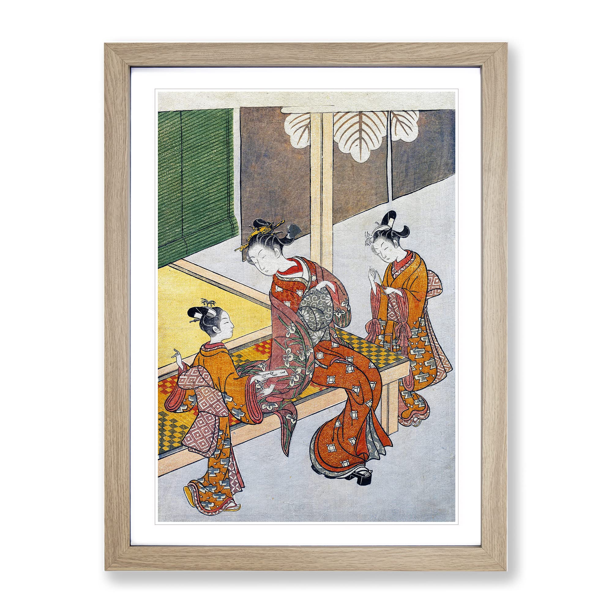 On The Engawa Of Tsuta Ya By Harunobu Suzuki Asian Japanese Framed Wall Art Print, Ready to Hang Picture for Living Room Bedroom Home Office Décor, Oak A2 (64 x 46 cm)