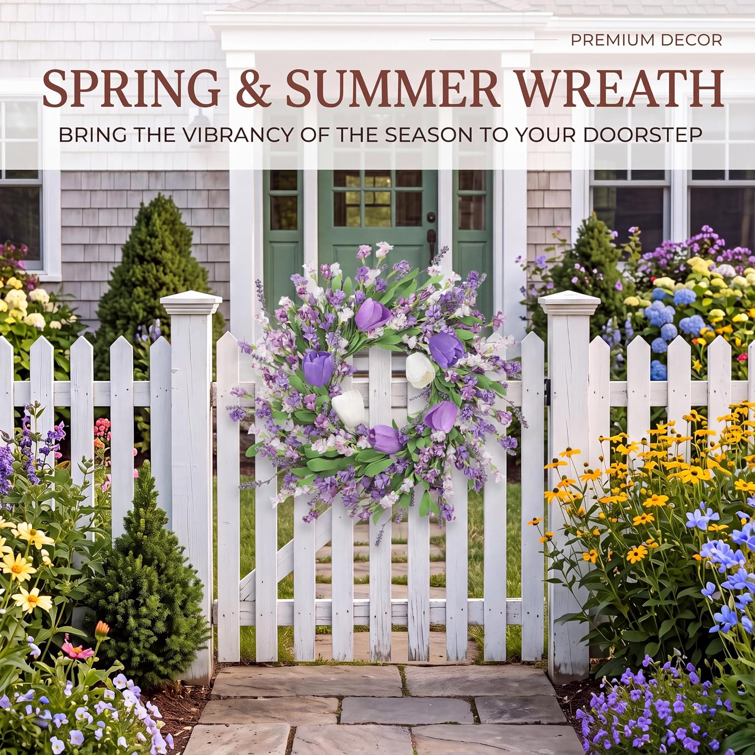 Sggvecsy Spring Summer Wreath for Front Door 22 Inch Artificial Purple Flower Wreath with Tulips Greenery Leaves Lavender for All Seasons Home Farmhouse Indoor Outdoor Wall Decor (Purple)