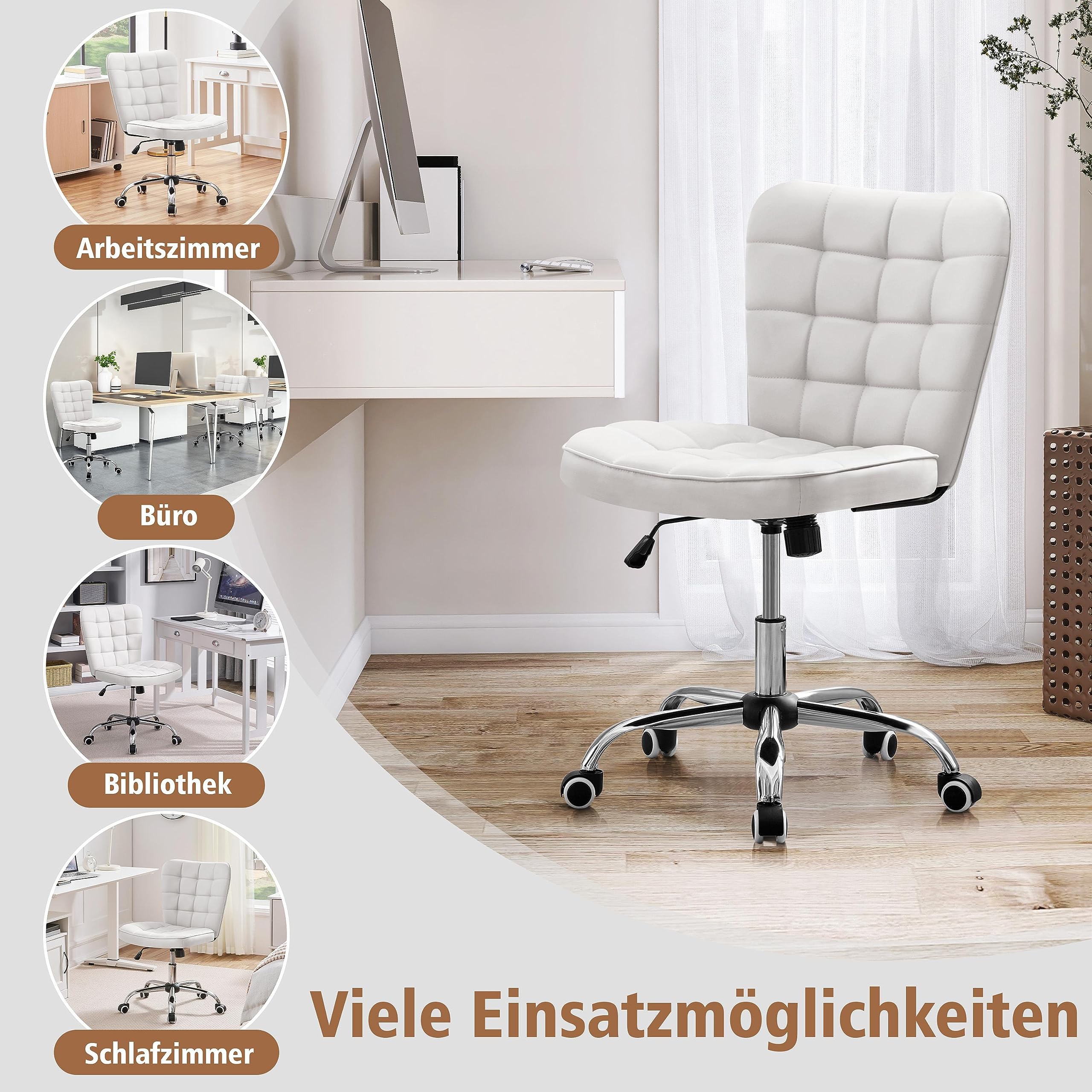 Yaheetech Homeoffice Stuhl, Drehstuhl ohne Armlehne Kunstleder, Weiß | Schreibtischstuhl, Schminkstuhl, höhenverstellbar Bürostuhl mit Wippfunktion, Polsterstuhl für Arbeitszimmer Schlafzimmer