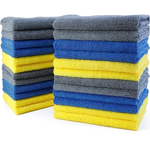 POLYTE Microfiber Cleaning Towel Ultrasonic Cut Edgeless (16x16, 24 Pack, Premium, Blue,Gray,Yellow)