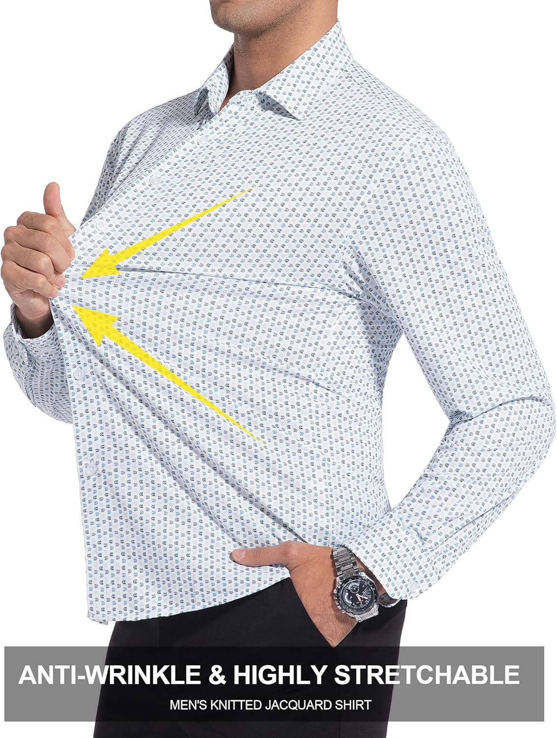 Damipow Mens 8-Way Stretch Dress Shirts Wrinkle Free Button Down Shirts Long Sleeve Knit Jacquard Business Casual Shirt - Image 3