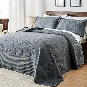 Qucover Oversized King Quilt 120x120, 3 Piece California King Size Bedspread, Soft Microfiber Lightweight Coverlet, Ultrasonic Quilting Vintage Pattern, Dark Grey