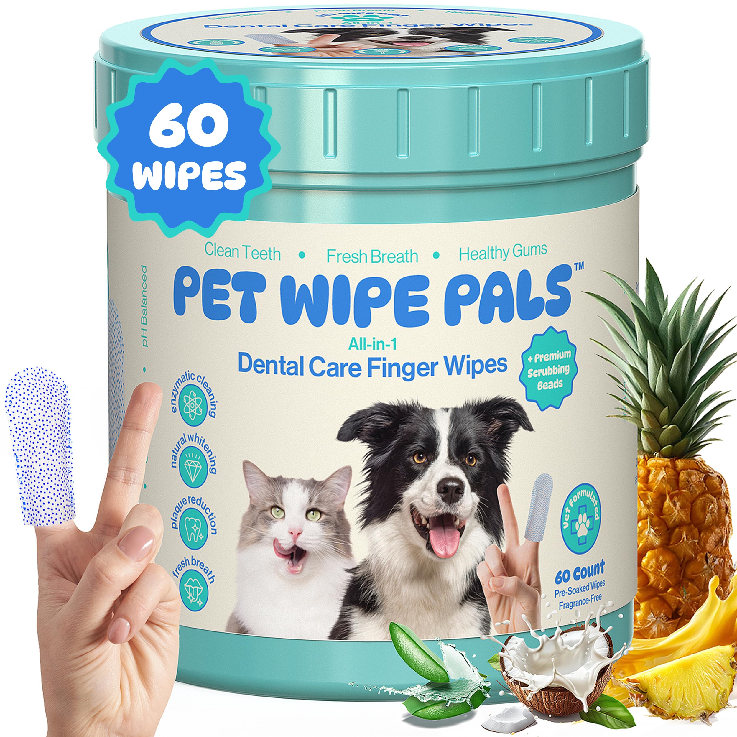 All-in-1 Dog Teeth Cleaning Wipes | Enzymatic Whitening + Micro Scrubbing Beads | Pet Dental Wipes & Finger Tooth Brushing Kit | Plant-Based Dental Care for Cats & Dogs (60 Count)