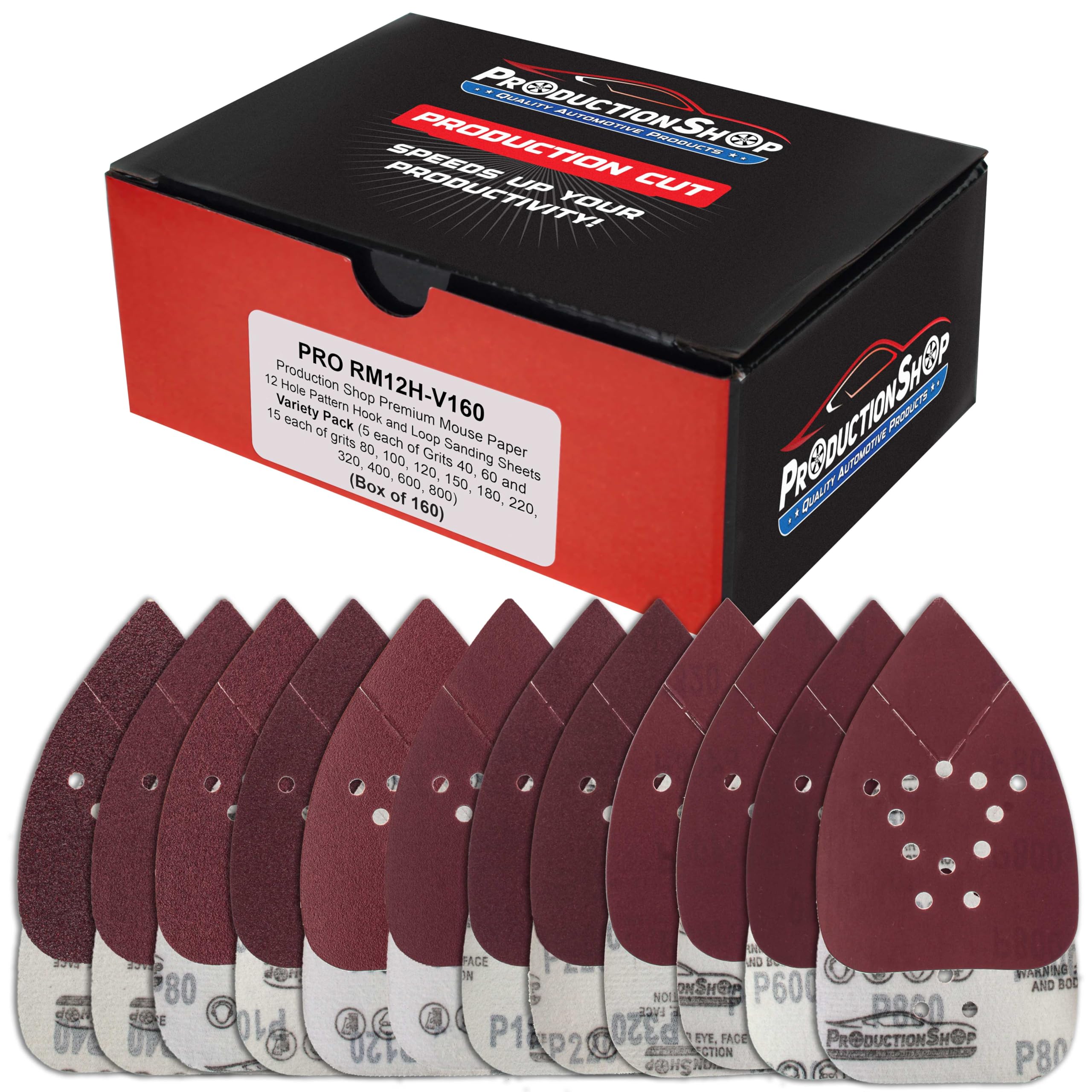 ProductionShop Premium 12-Hole Pattern Mouse Detail Sander Sandpaper Sheets, 160 Disc Variety Pack, Grits 40, 60, 80, 100, 120, 150, 180, 220, 320,