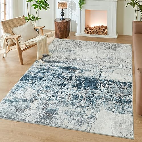 Andency Living Room Area Rug 8x10, Washable Rugs, Large Non Slip Carpet for Bedroom Dining Room, Soft Satin Resistant Home Decor Rug, Blue Grey